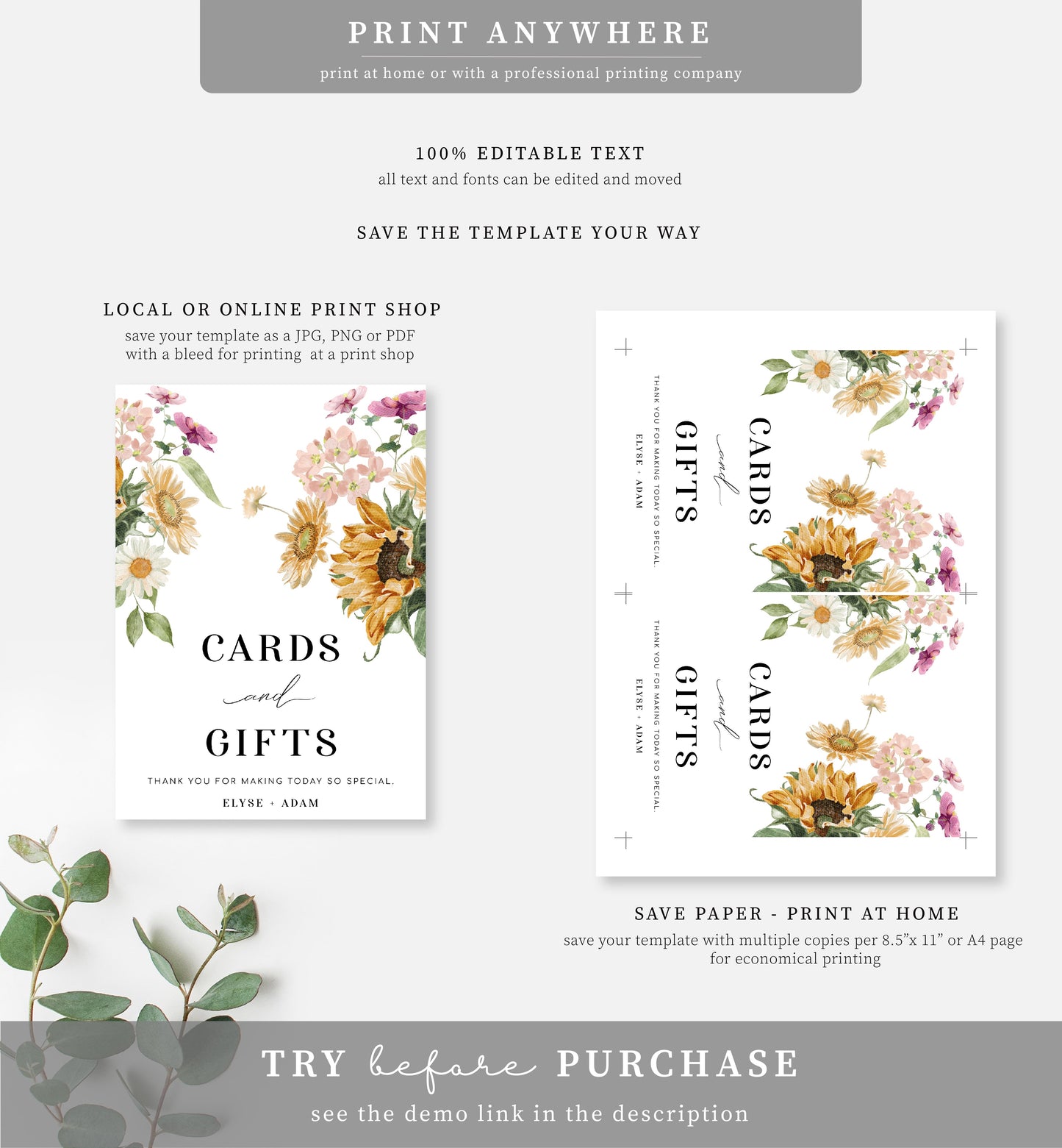 Mews Floral White | Printable Cards and Gifts Sign Template