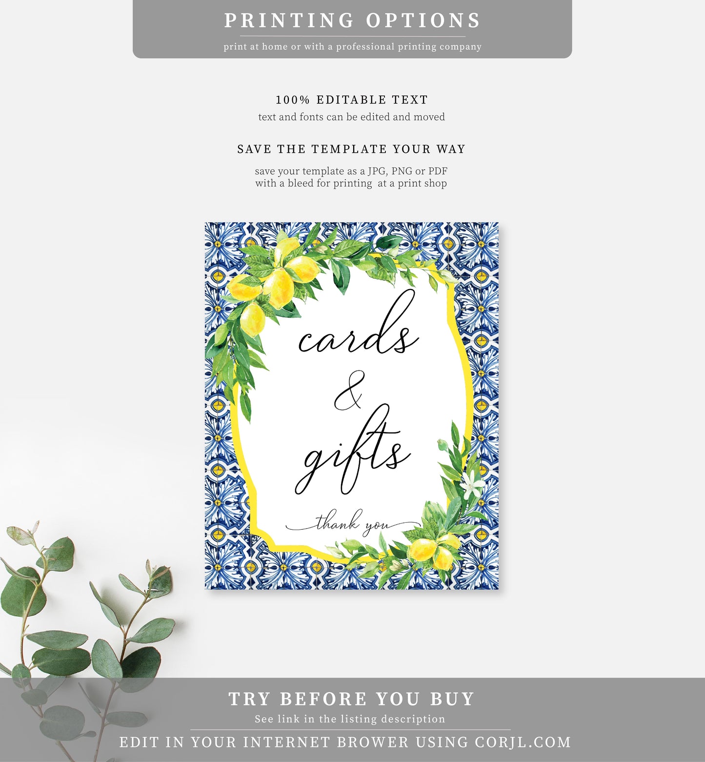 Positano Lemons | Printable Cards and Gifts Sign Template