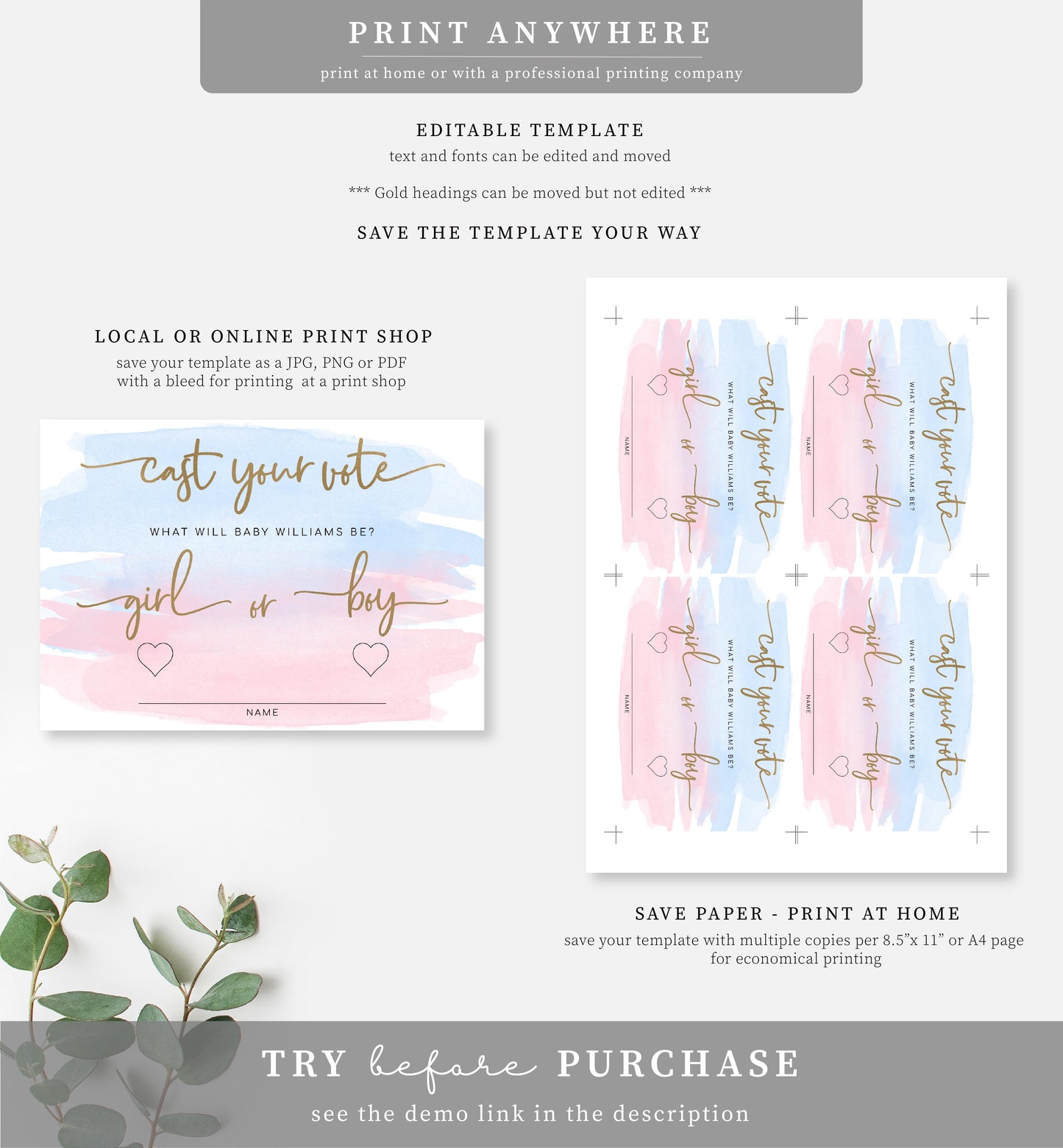 Watercolour Pink Blue | Printable Gender Reveal Voting Game Card Template