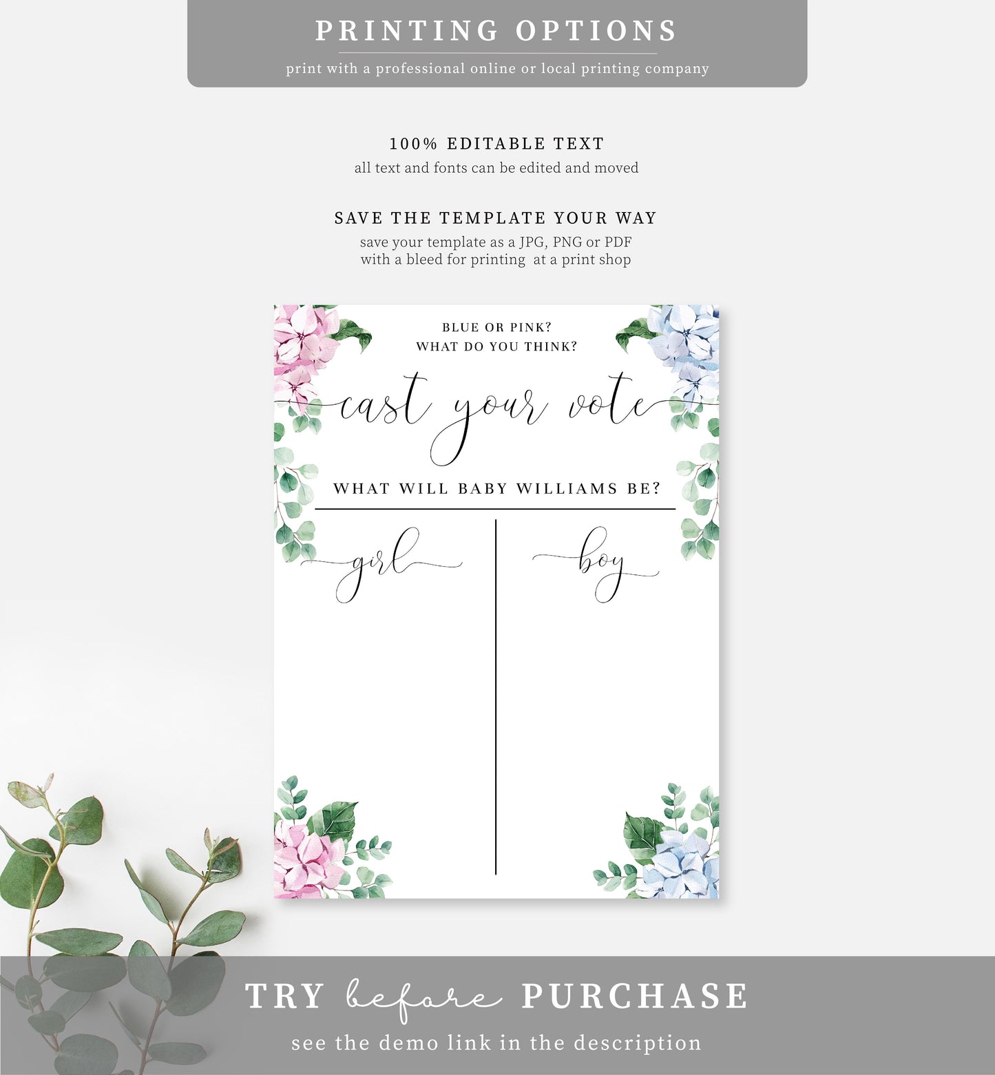 Ferras Blossom Pink Blue | Printable Gender Reveal Voting Game Sign Template