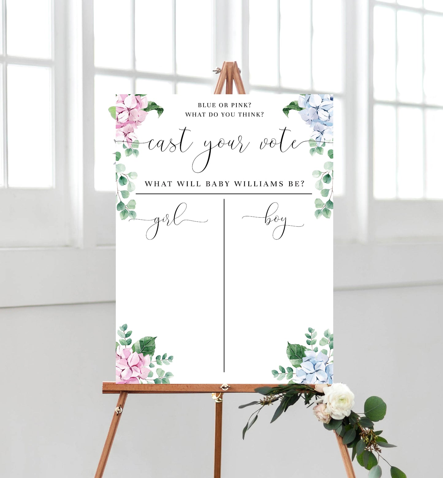 Ferras Blossom Pink Blue | Printable Gender Reveal Voting Game Sign Template