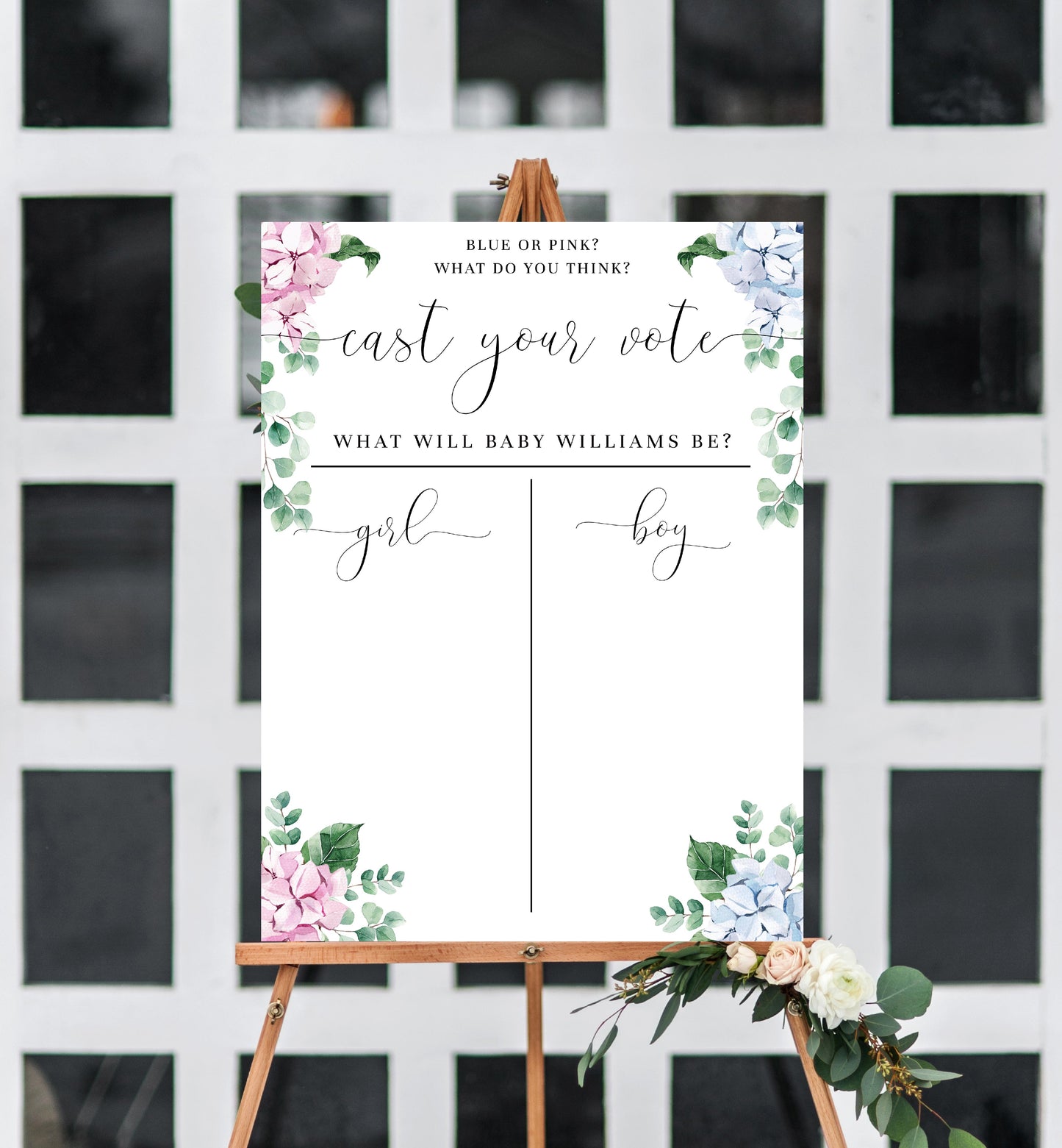 Ferras Blossom Pink Blue | Printable Gender Reveal Voting Game Sign Template