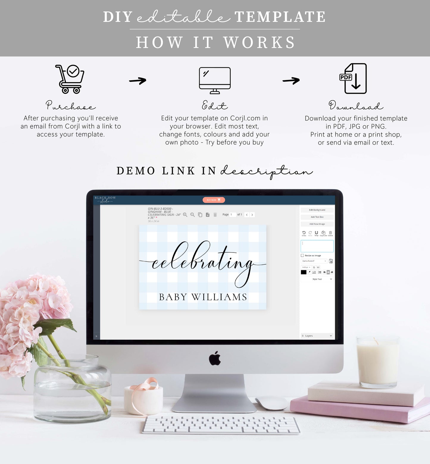 Gingham Blue | Printable Celebrating Welcome Sign Template