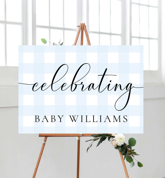 Gingham Blue | Printable Celebrating Welcome Sign Template