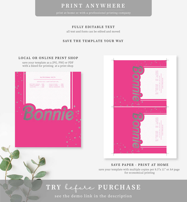Barbie Party Hot Pink Silver | Printable Chocolate Bar Favour Wrappers ...