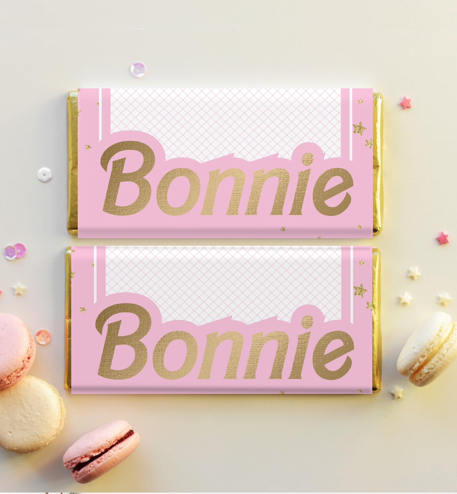 Barbie Party Pink Gold | Printable Chocolate Bar Favour Wrappers Template - Black Bow Studio
