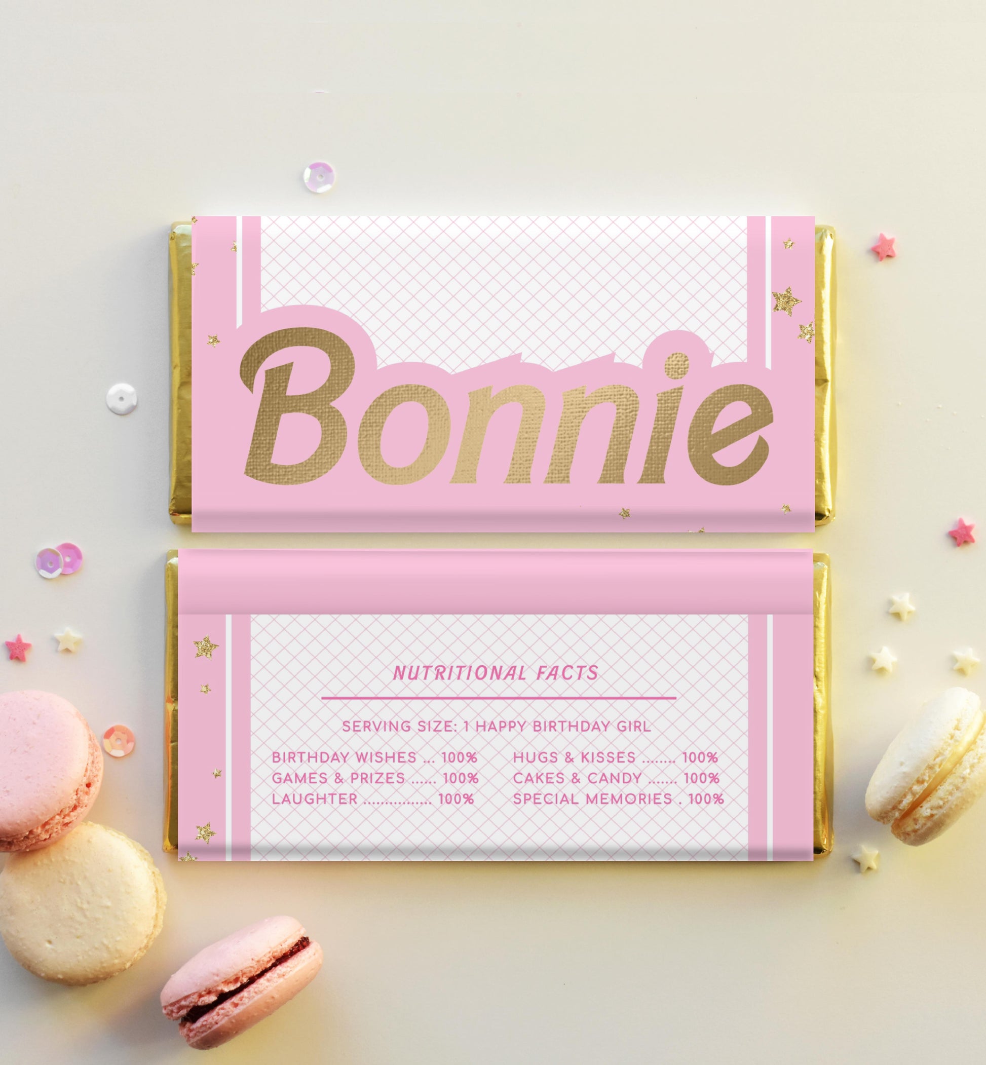 Barbie Party Pink Gold | Printable Chocolate Bar Favour Wrappers Template - Black Bow Studio