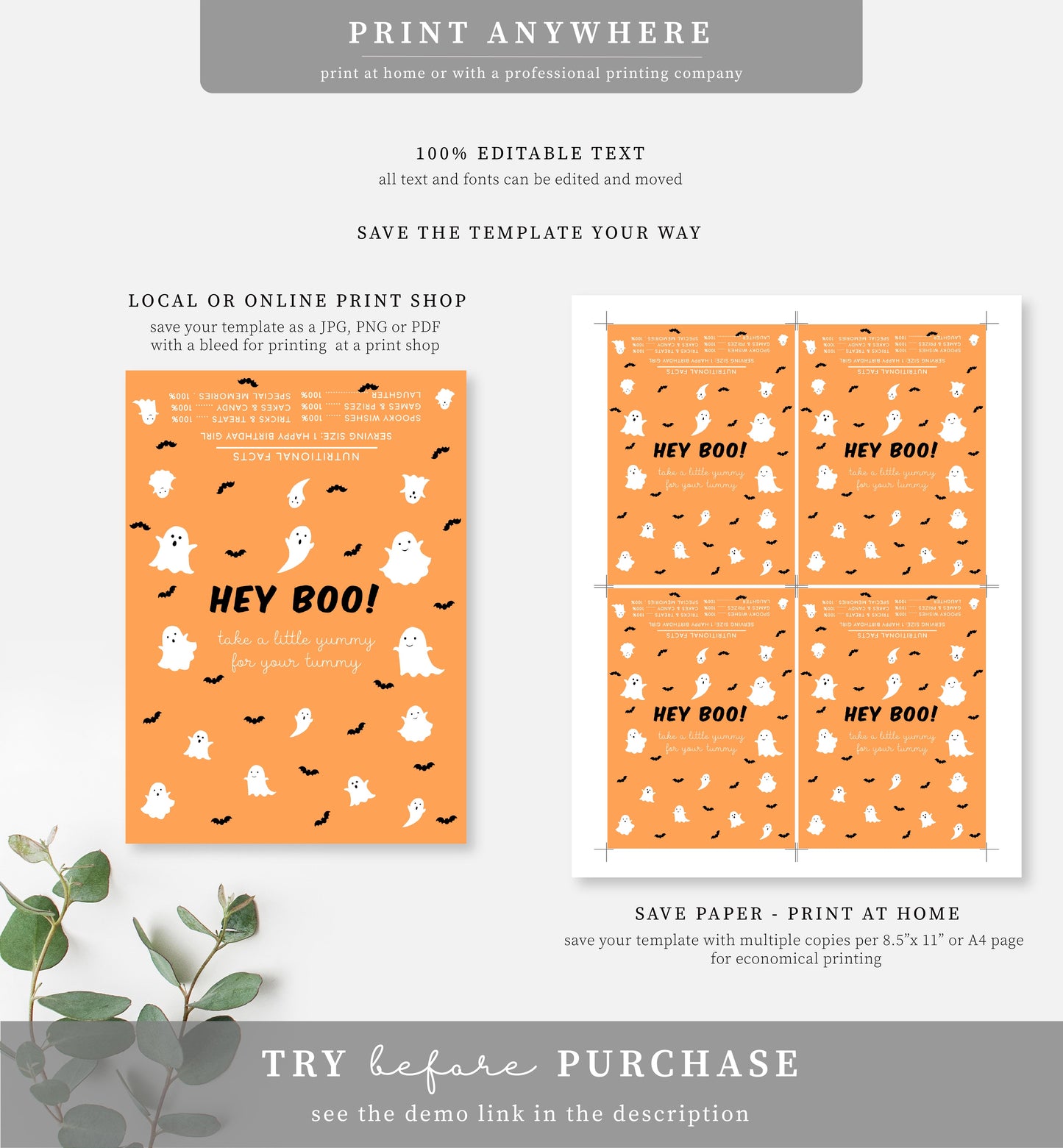 Friendly Ghost Orange | Printable Halloween Chocolate Bar Favour Wrappers Template