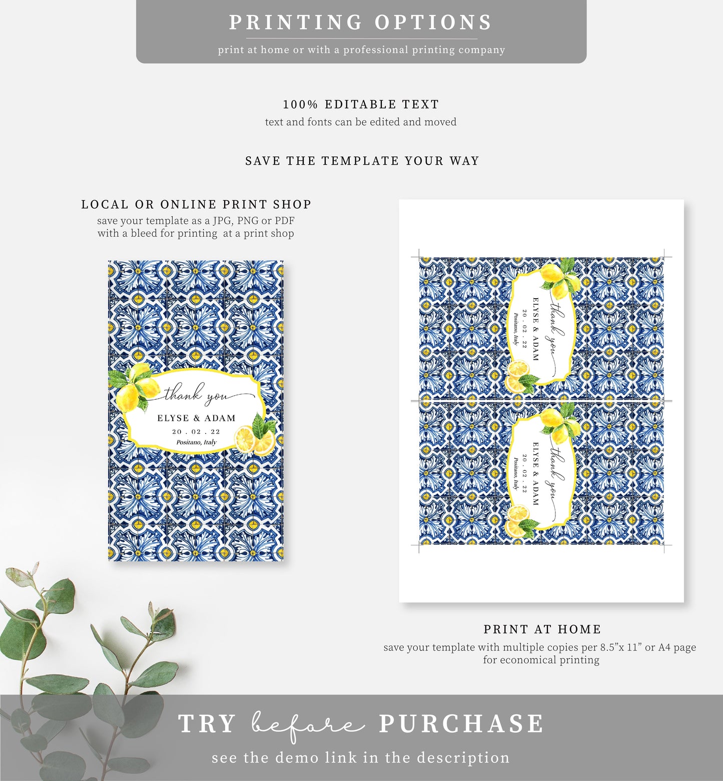 Positano Lemons | Printable Chocolate Bar Favour Wrappers Template