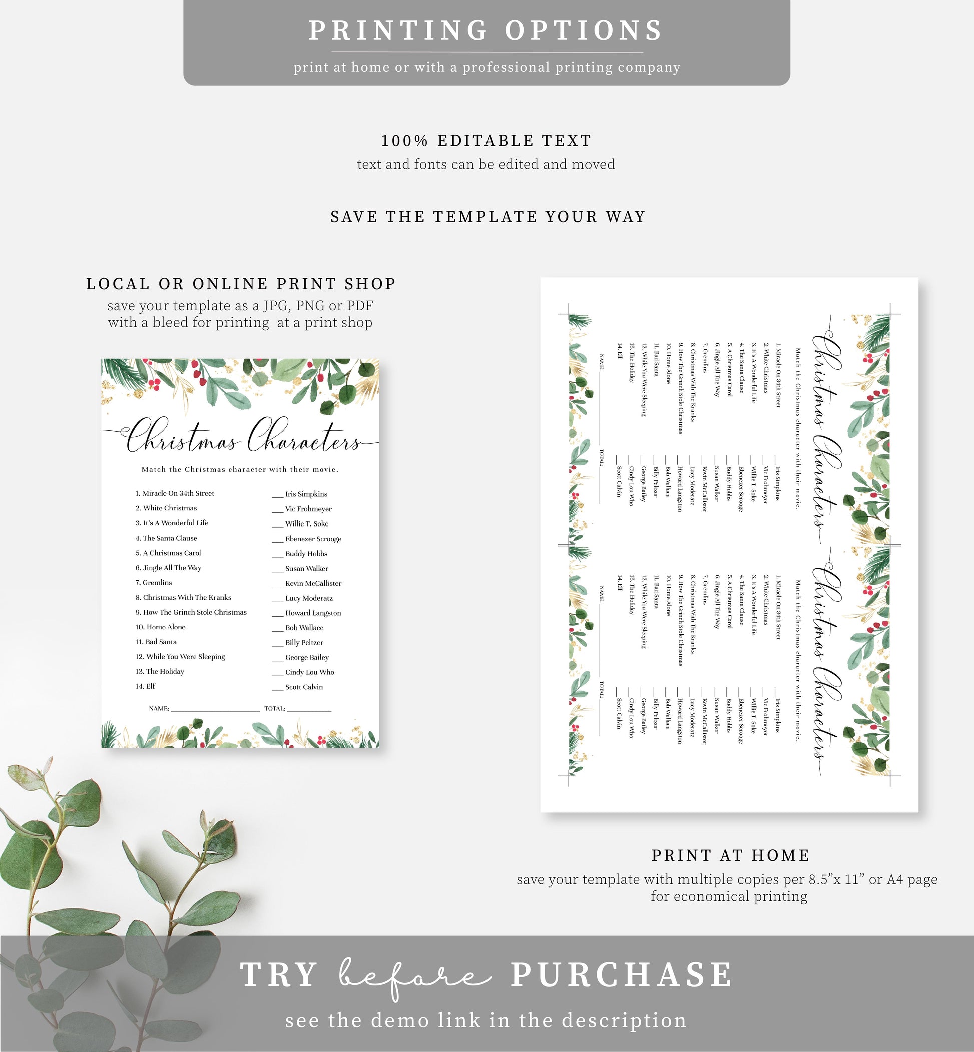 Merriment Christmas | Printable Christmas Movie Characters Game - Black Bow Studio