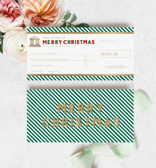 Stripe Green Gold | Printable Christmas Cheque Gift Voucher