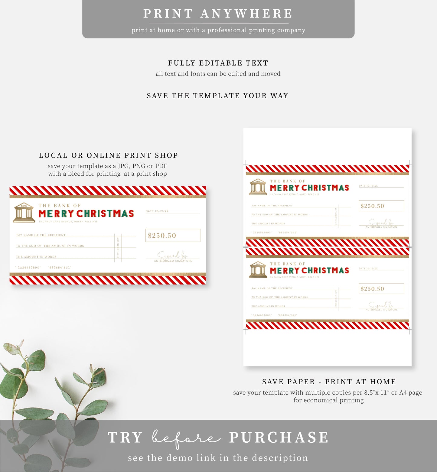 Stripe Red Gold | Printable Christmas Cheque Gift Voucher Template