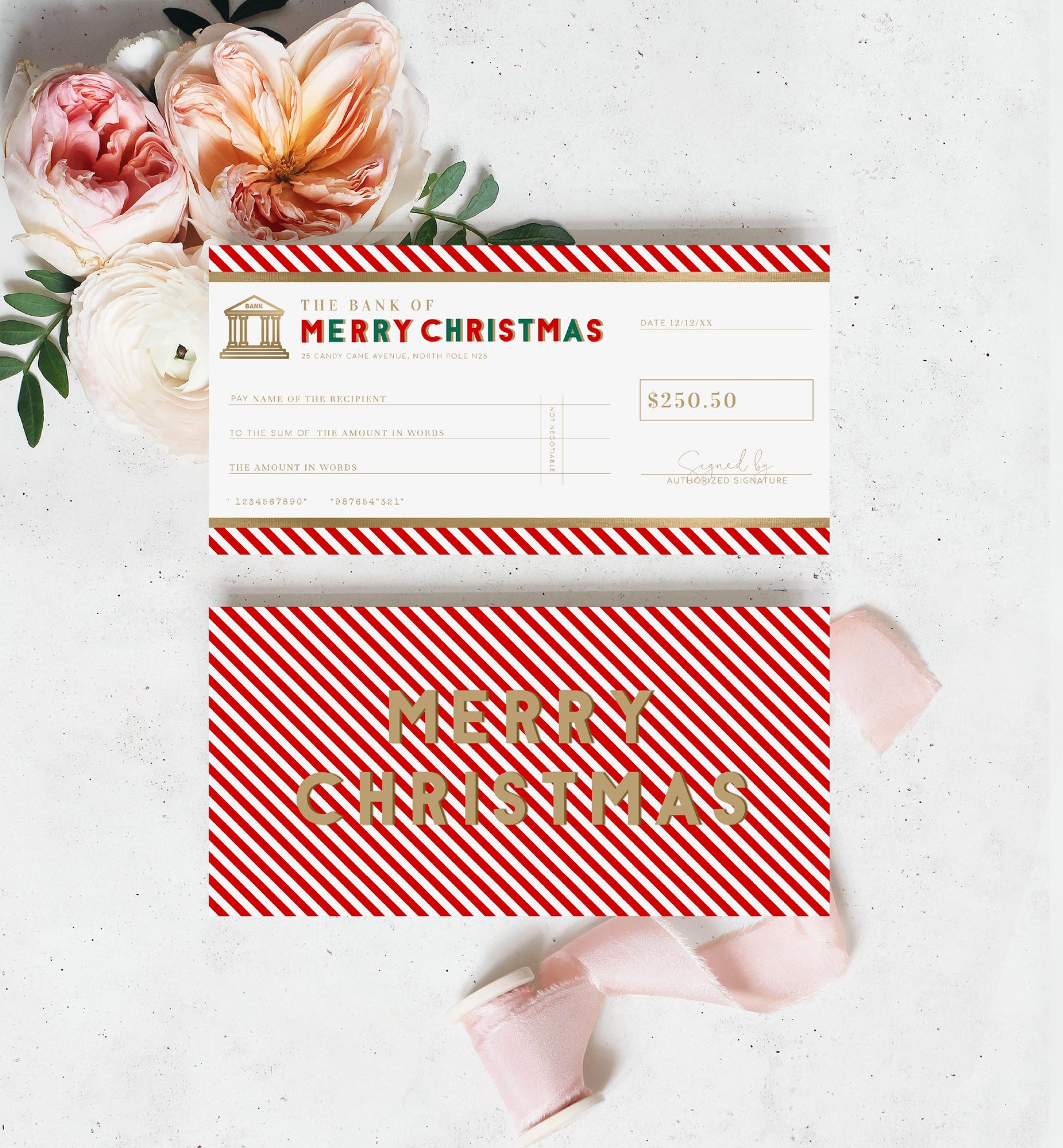 Stripe Red Gold | Printable Christmas Cheque Gift Voucher Template ...