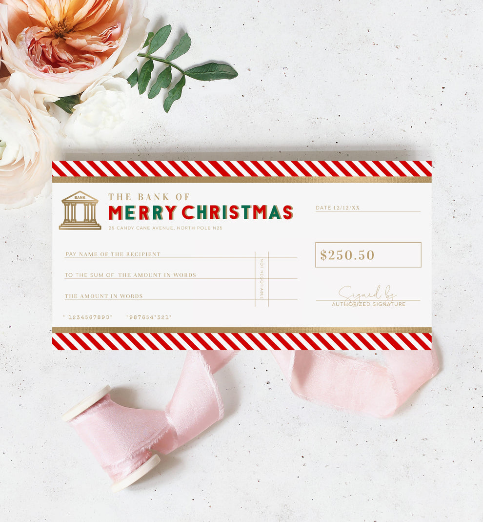 Stripe Red Gold | Printable Christmas Cheque Gift Voucher Template ...