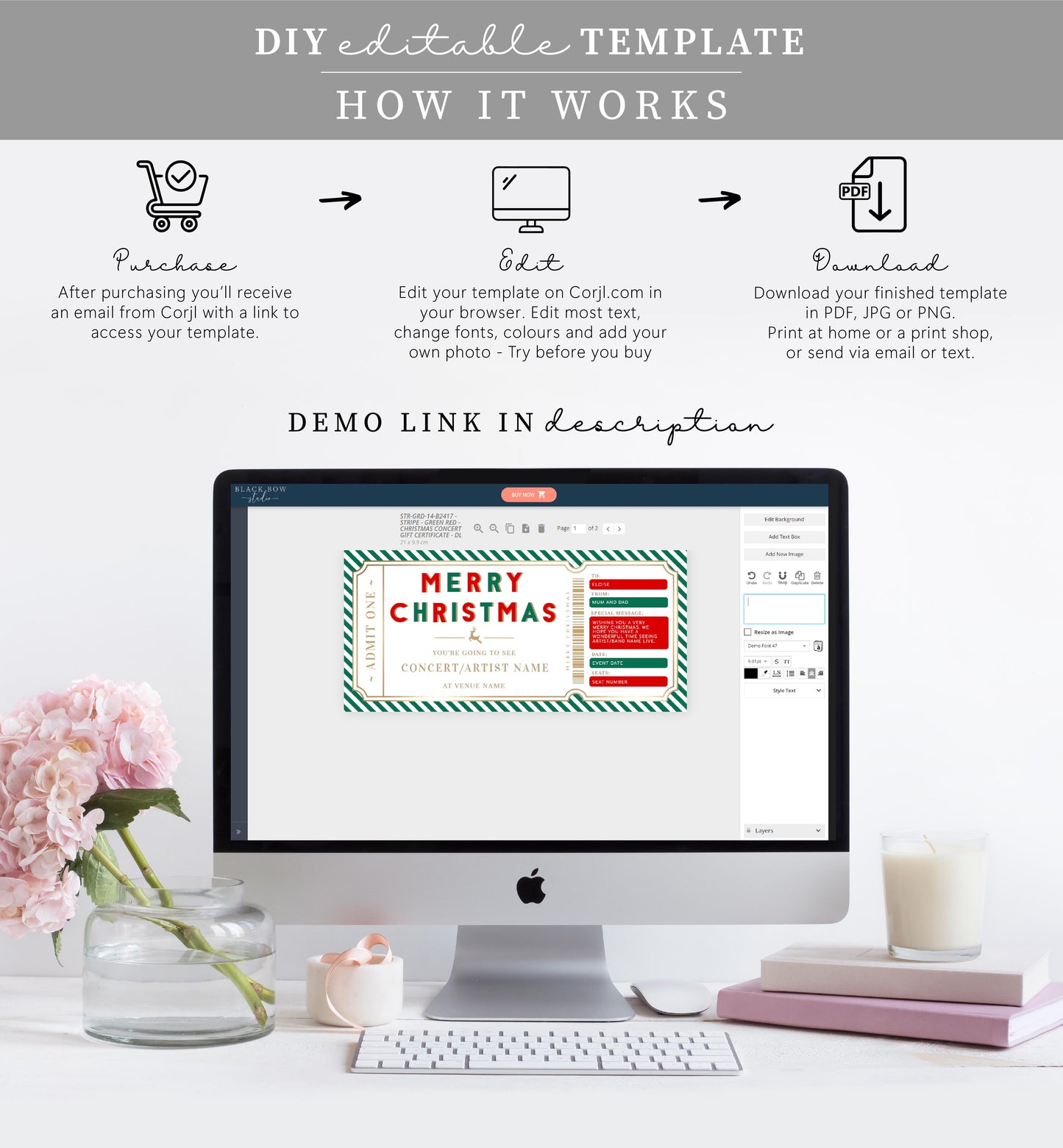 Stripe Green Gold | Printable Christmas Concert Custom Gift Voucher Template