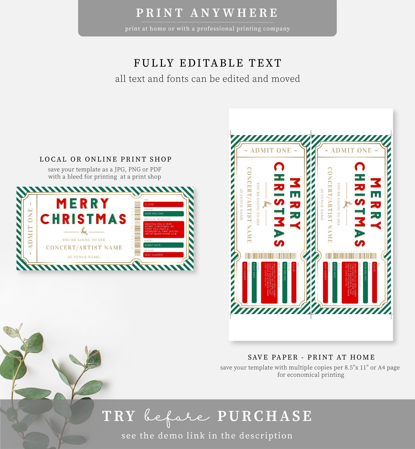 Stripe Green Gold | Printable Christmas Concert Custom Gift Voucher Template