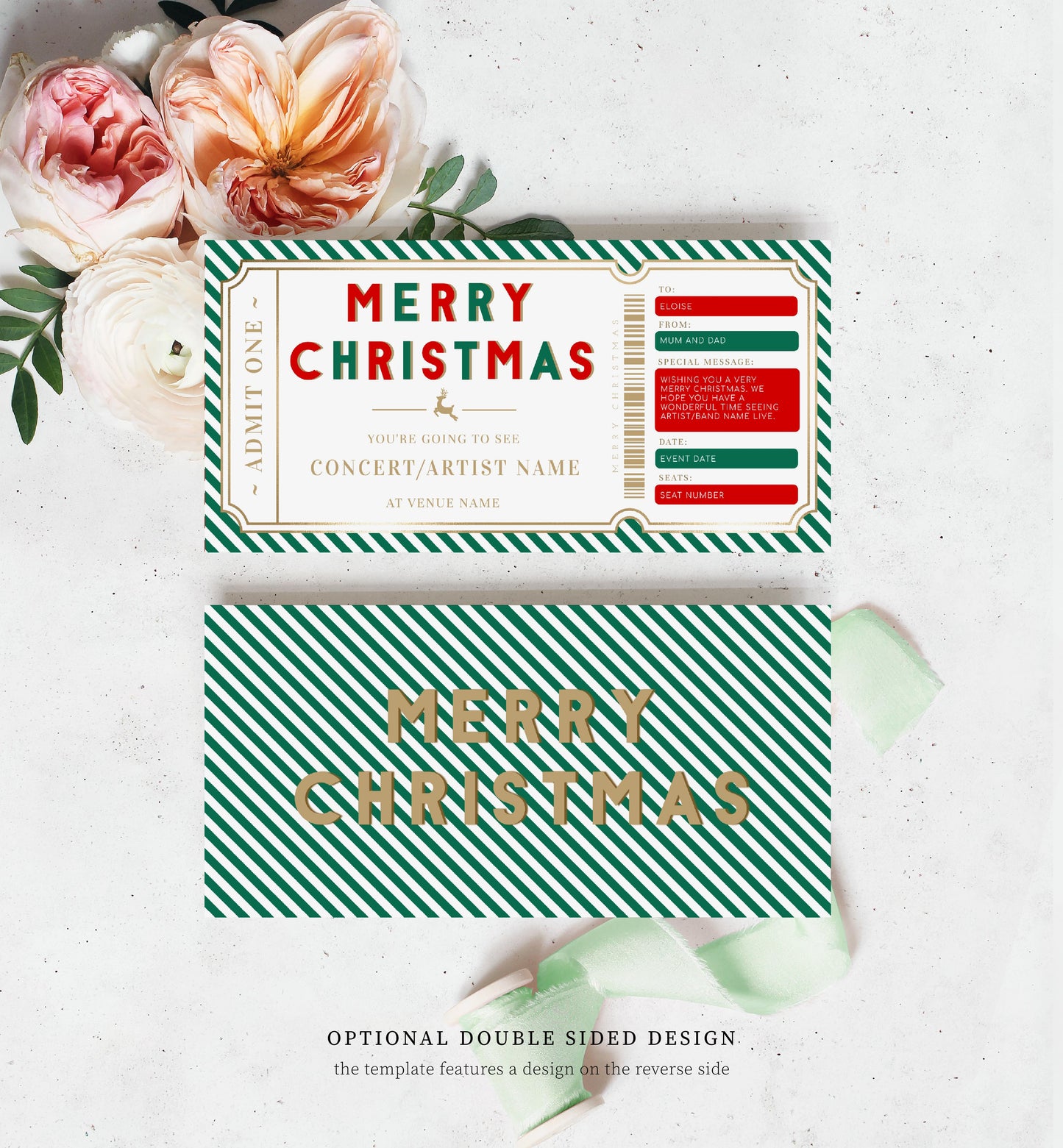 Stripe Green Gold | Printable Christmas Concert Custom Gift Voucher Template