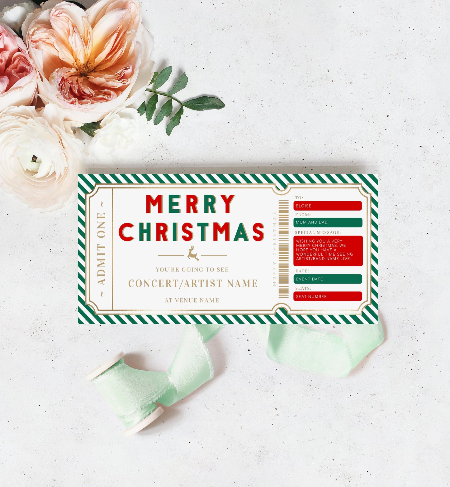 Stripe Green Gold | Printable Christmas Concert Custom Gift Voucher Template