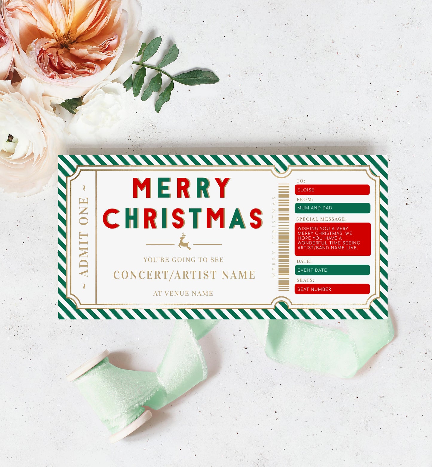 Stripe Green Gold | Printable Christmas Concert Custom Gift Voucher Template