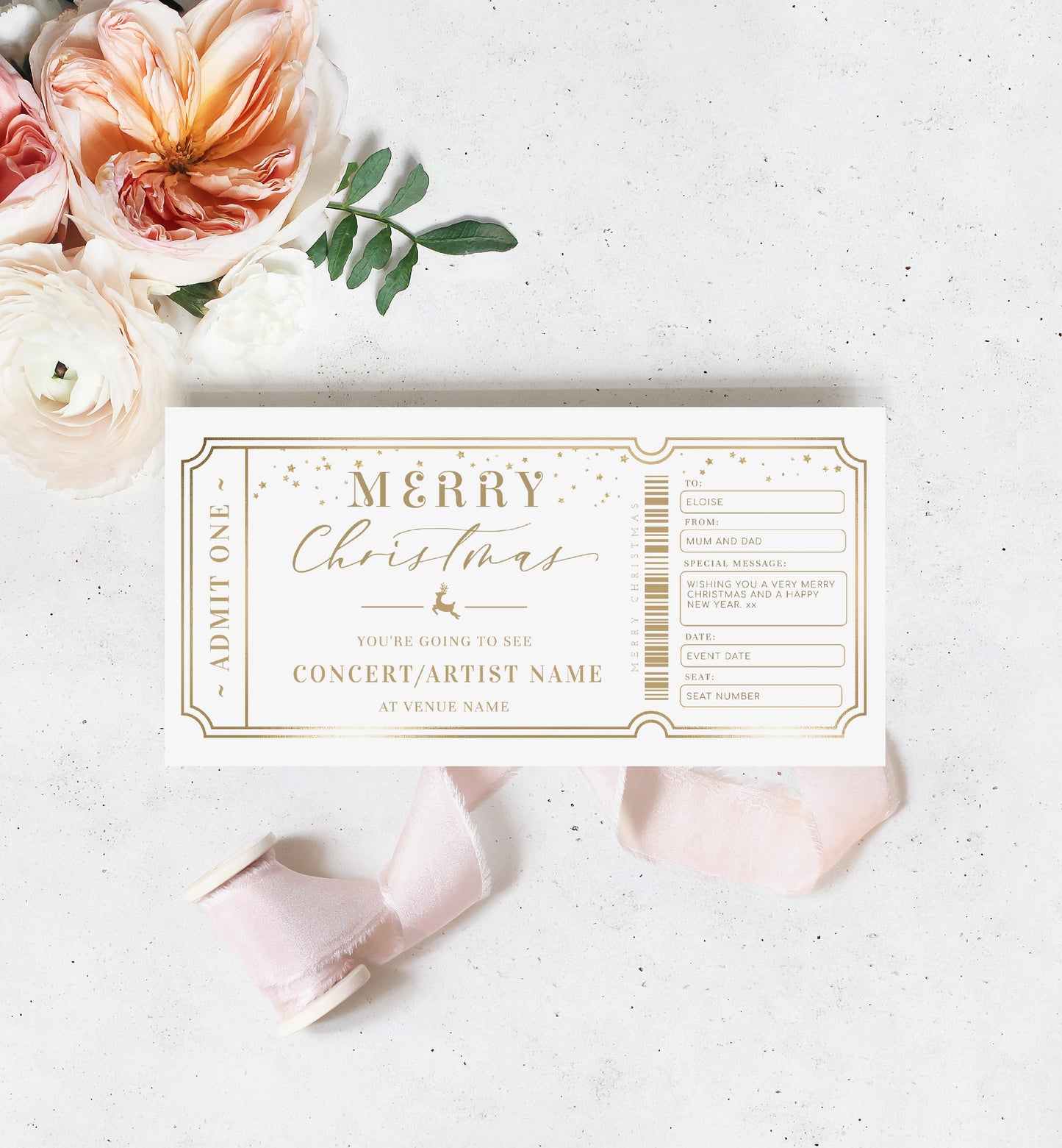 Paintly White Gold | Printable Concert Christmas Custom Gift Voucher Template