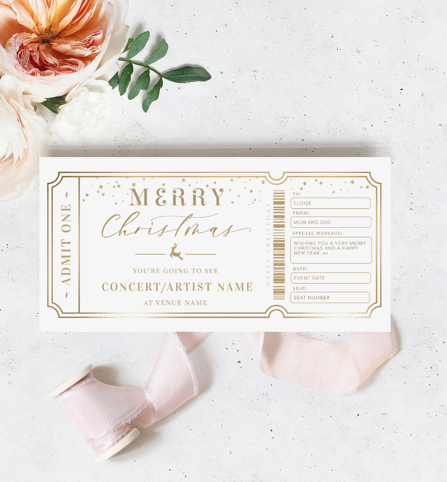 Paintly White Gold | Printable Concert Christmas Custom Gift Voucher Template