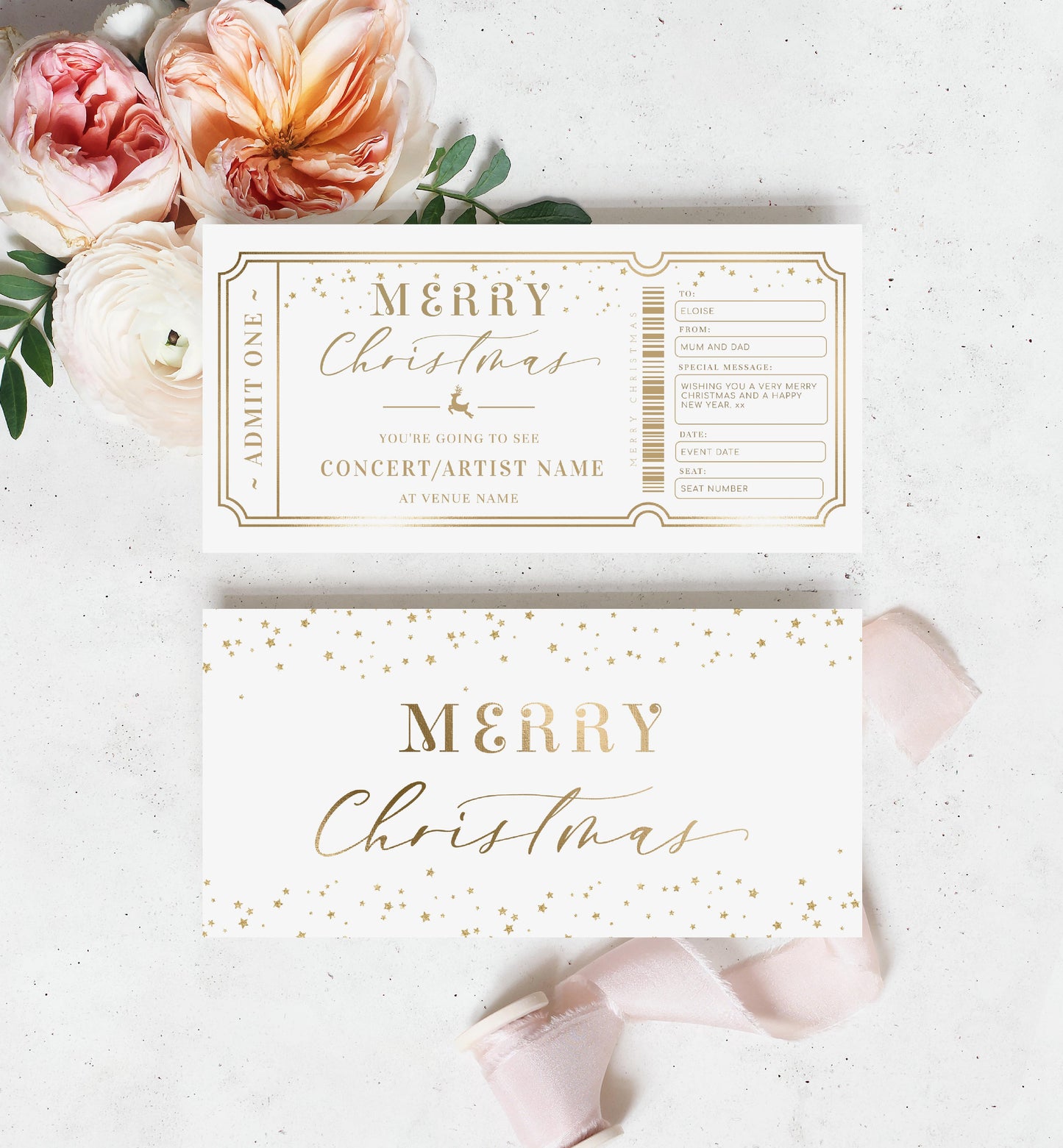 Paintly White Gold | Printable Concert Christmas Custom Gift Voucher Template