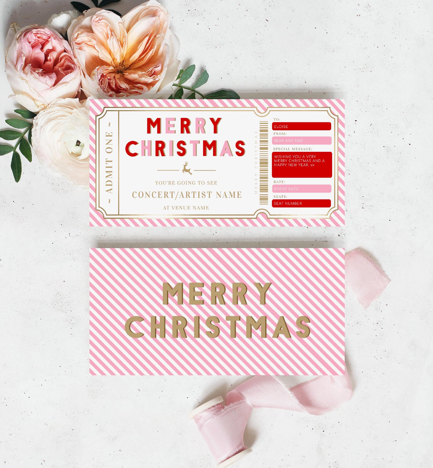 Stripe Pink Gold | Printable Christmas Concert Custom Gift Voucher Template