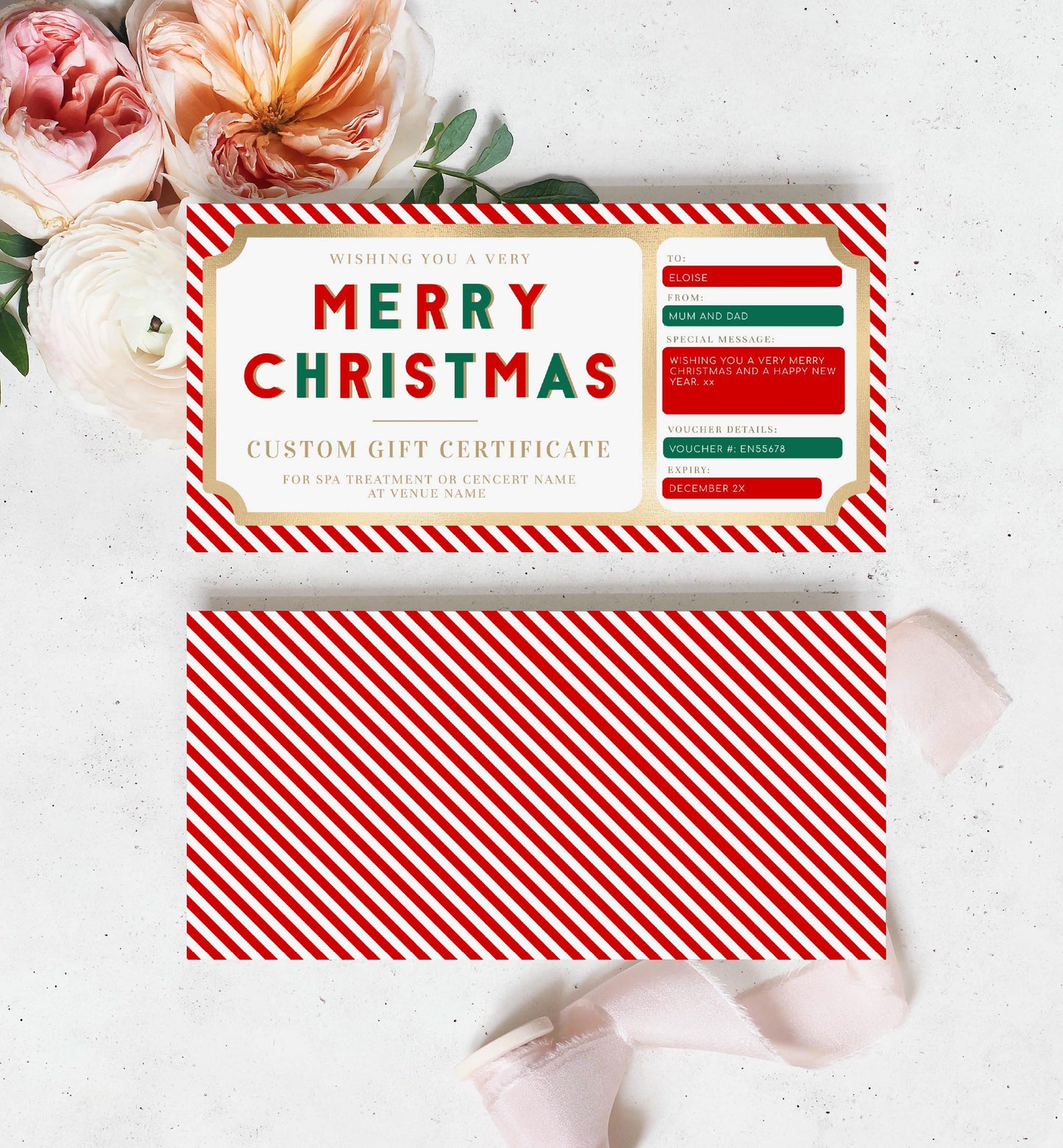 Stripe Red Gold | Printable Christmas Custom Gift Voucher Template