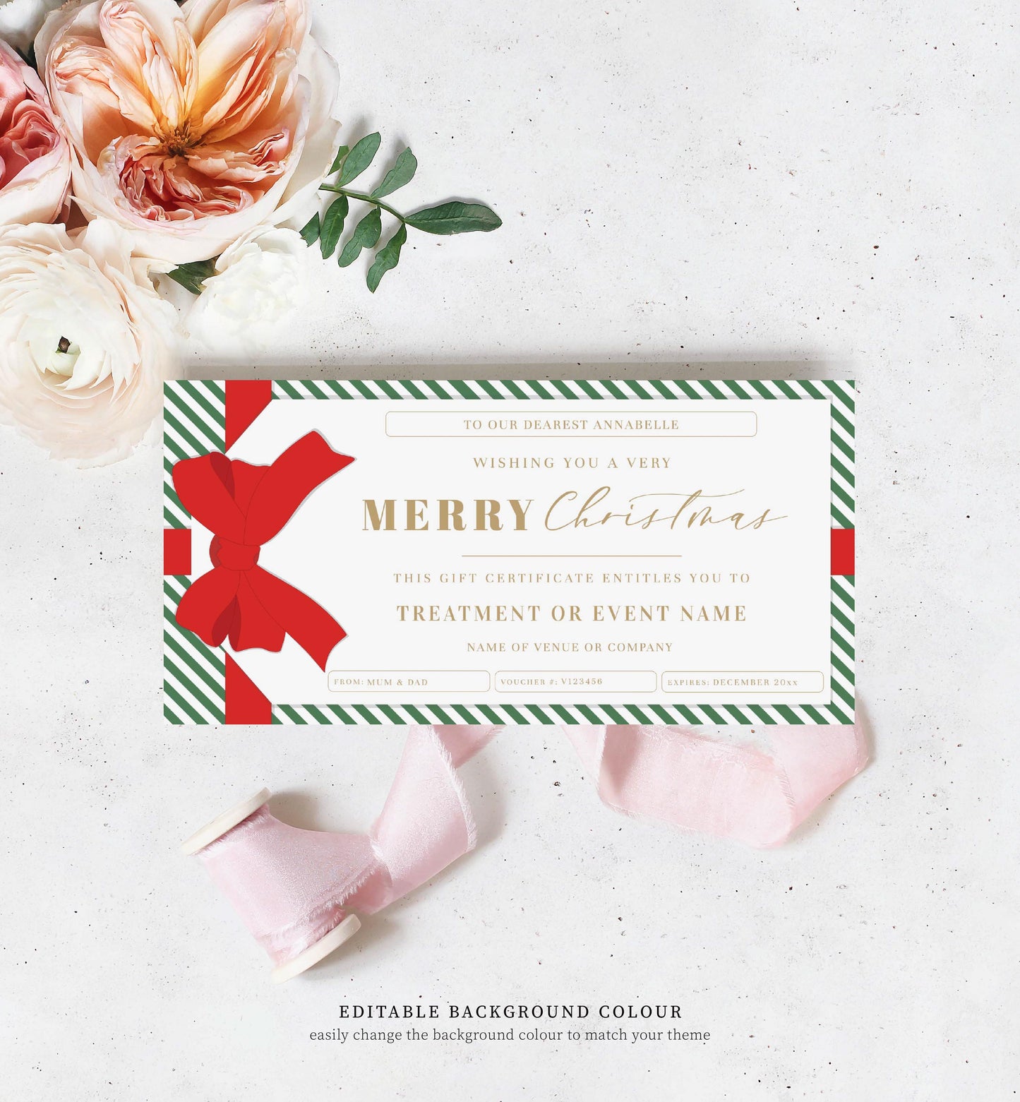 Stripe Pink Red | Printable Christmas Custom Gift Voucher