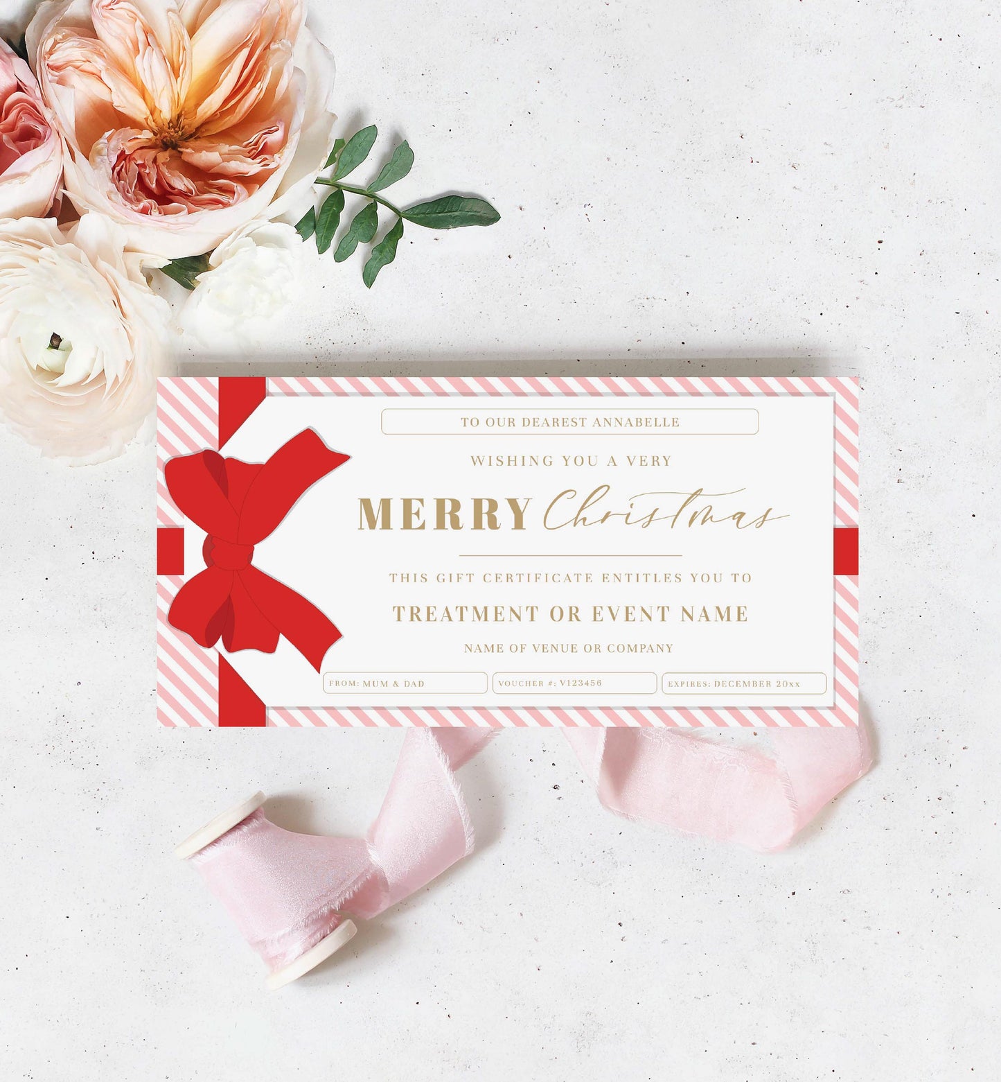 Stripe Pink Red | Printable Christmas Custom Gift Voucher