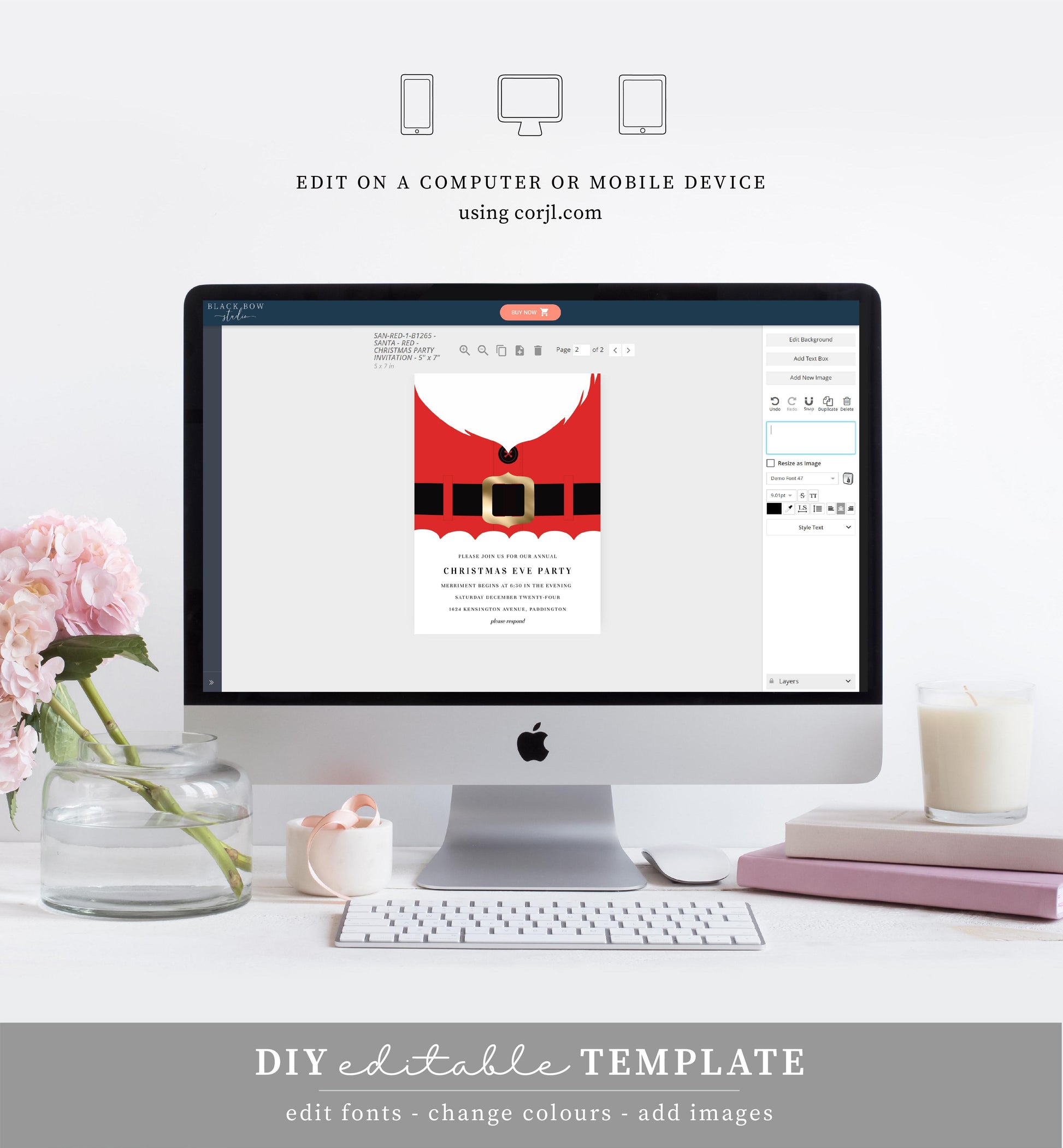 Santa Coat Red | Printable Christmas Party Invitation - Black Bow Studio