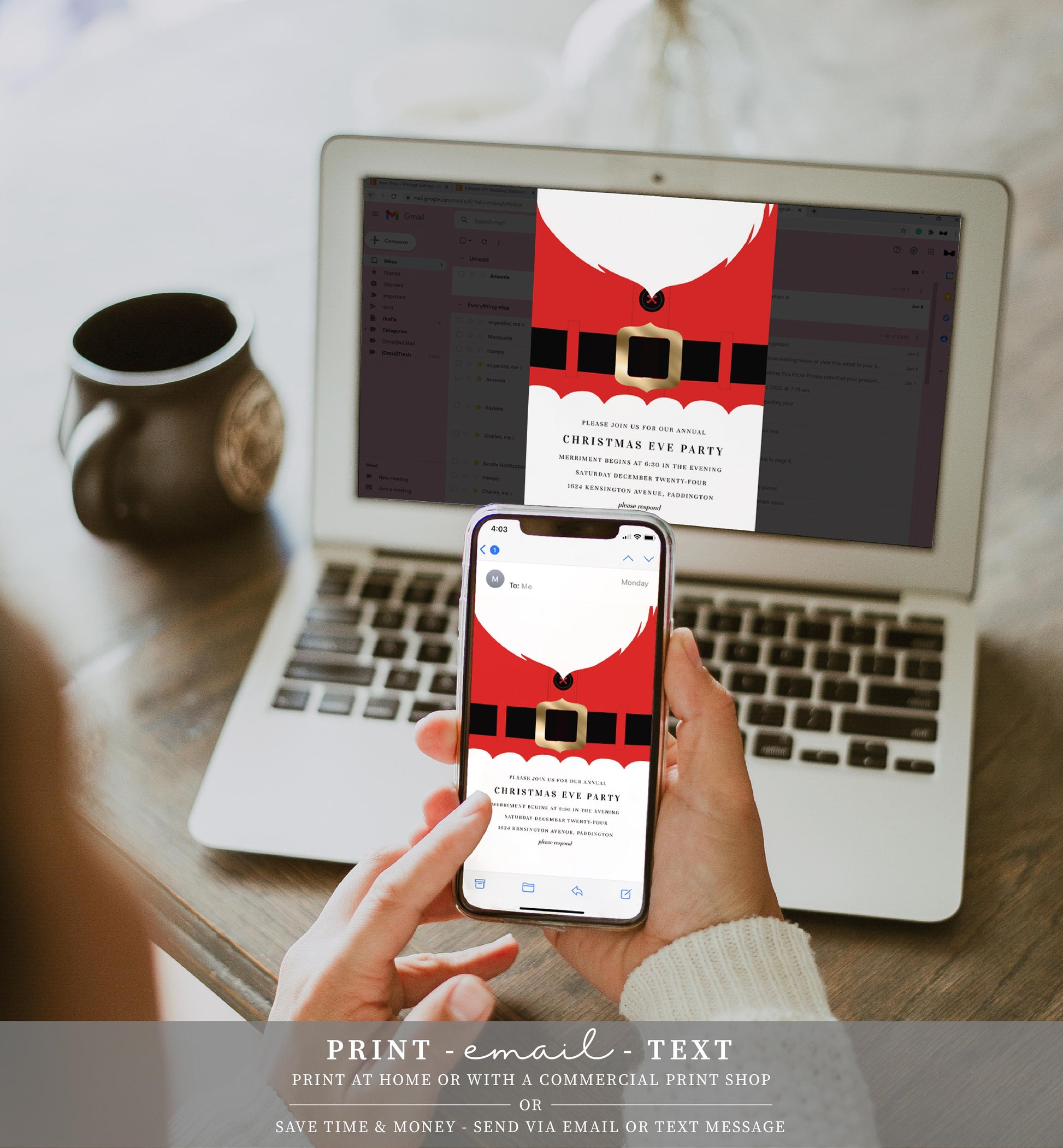 Santa Coat Red | Printable Christmas Party Invitation - Black Bow Studio