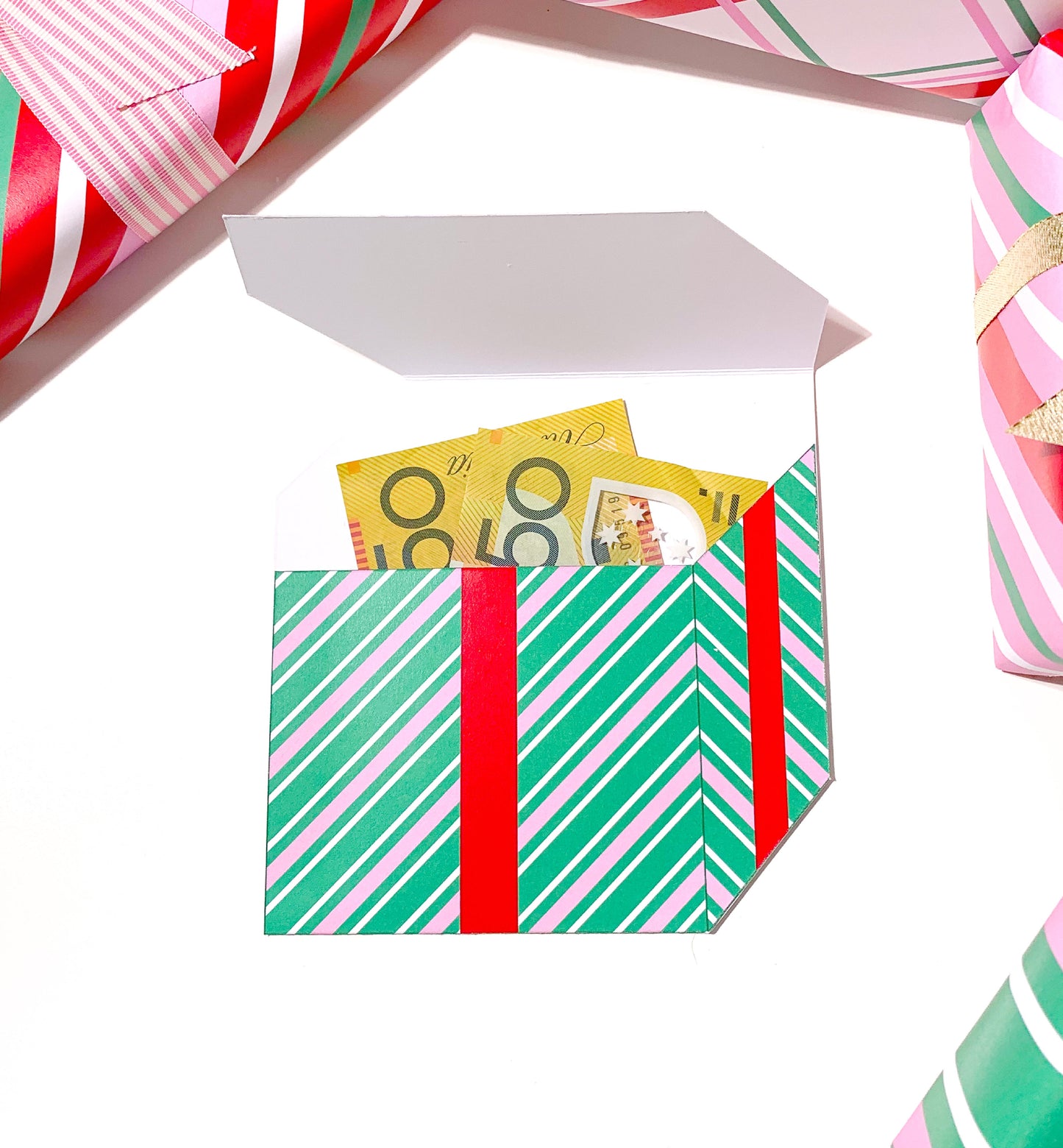 Stripe Green Pink | Printable Christmas Present Money Wallet Template