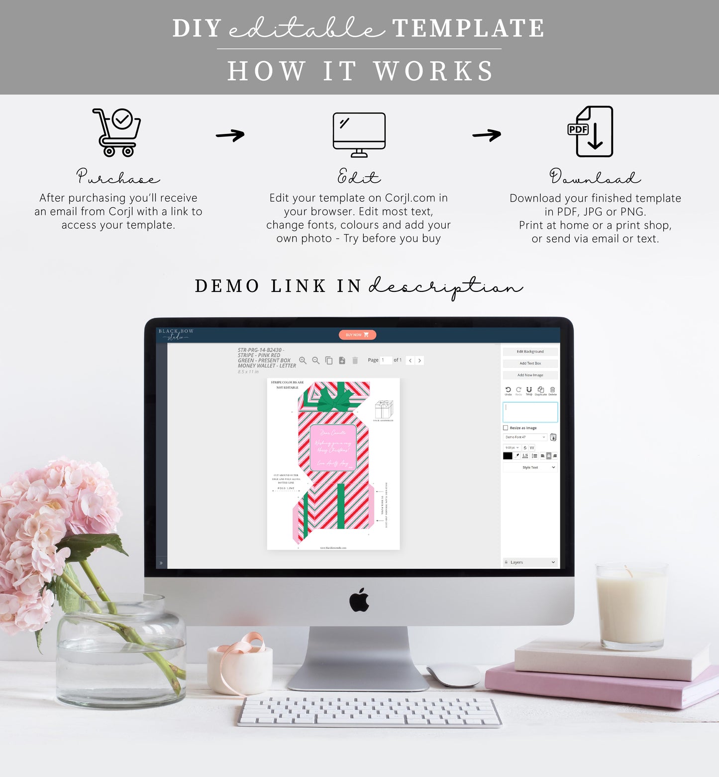 Stripe Pink Red | Printable Christmas Present Money Wallet Template