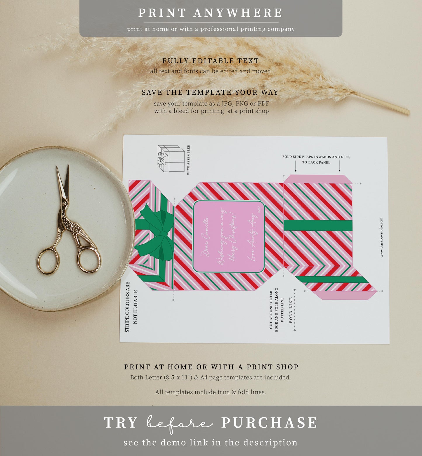 Stripe Pink Red | Printable Christmas Present Money Wallet Template