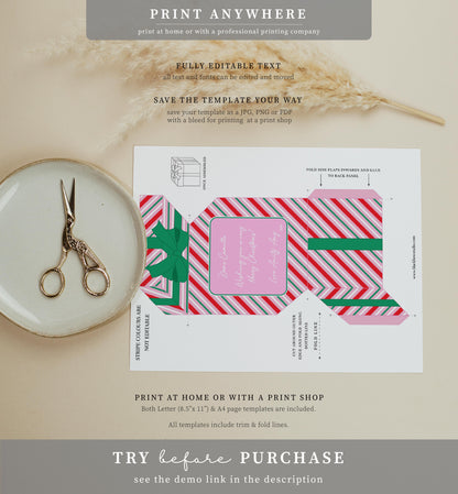 Stripe Pink Red | Printable Christmas Present Money Wallet Template