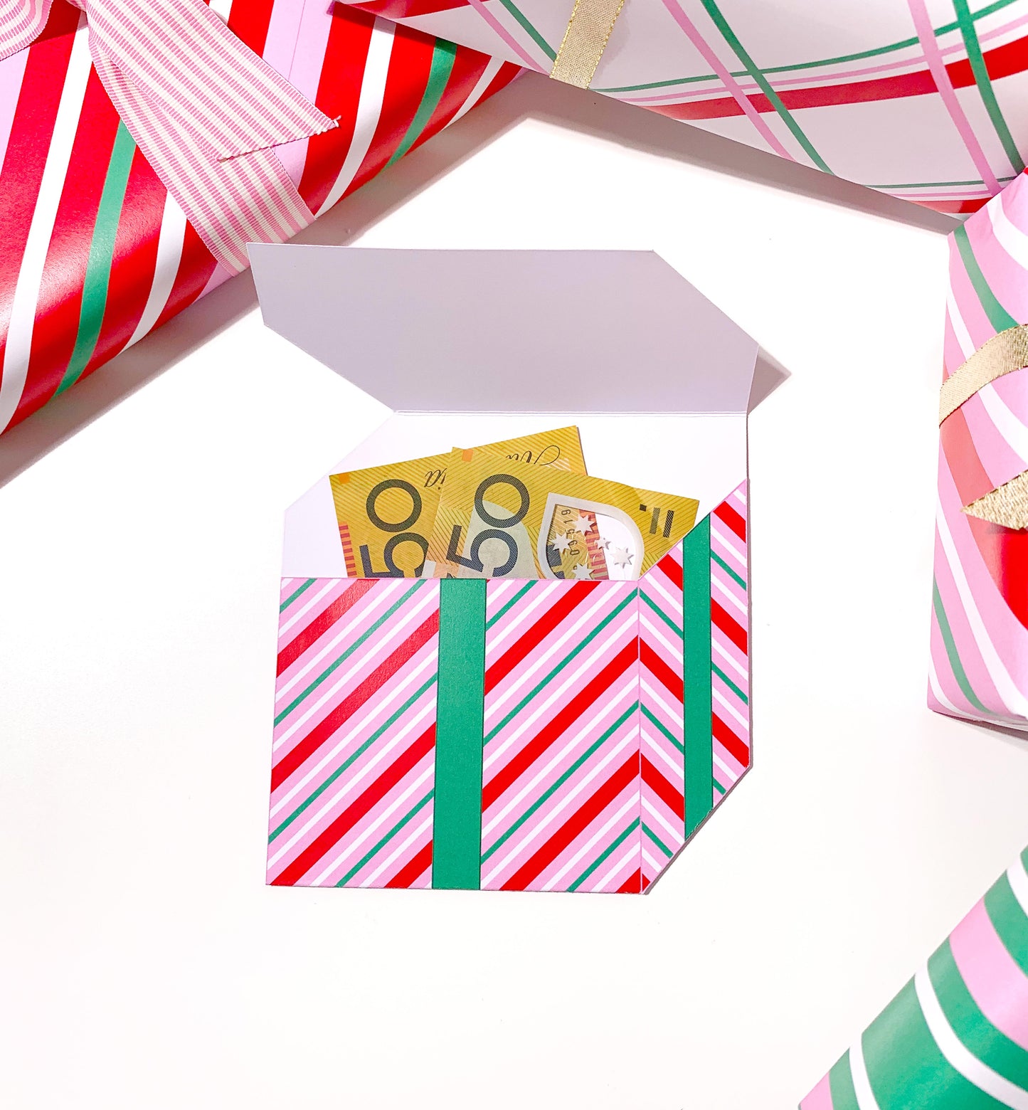 Stripe Pink Red | Printable Christmas Present Money Wallet Template