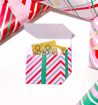 Stripe Pink Red | Printable Christmas Present Money Wallet Template