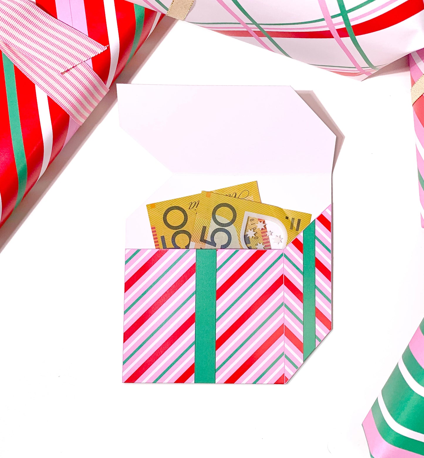Stripe Pink Red | Printable Christmas Present Money Wallet Template