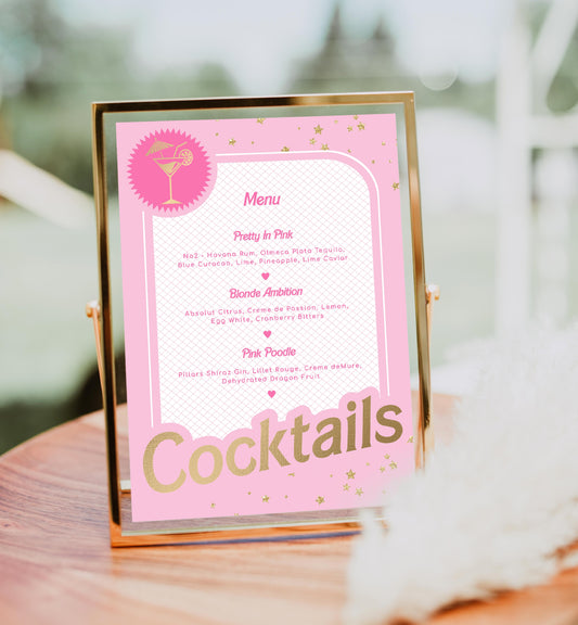 Barbie Party Pink Gold | Printable Cocktails Bar Menu Sign Template