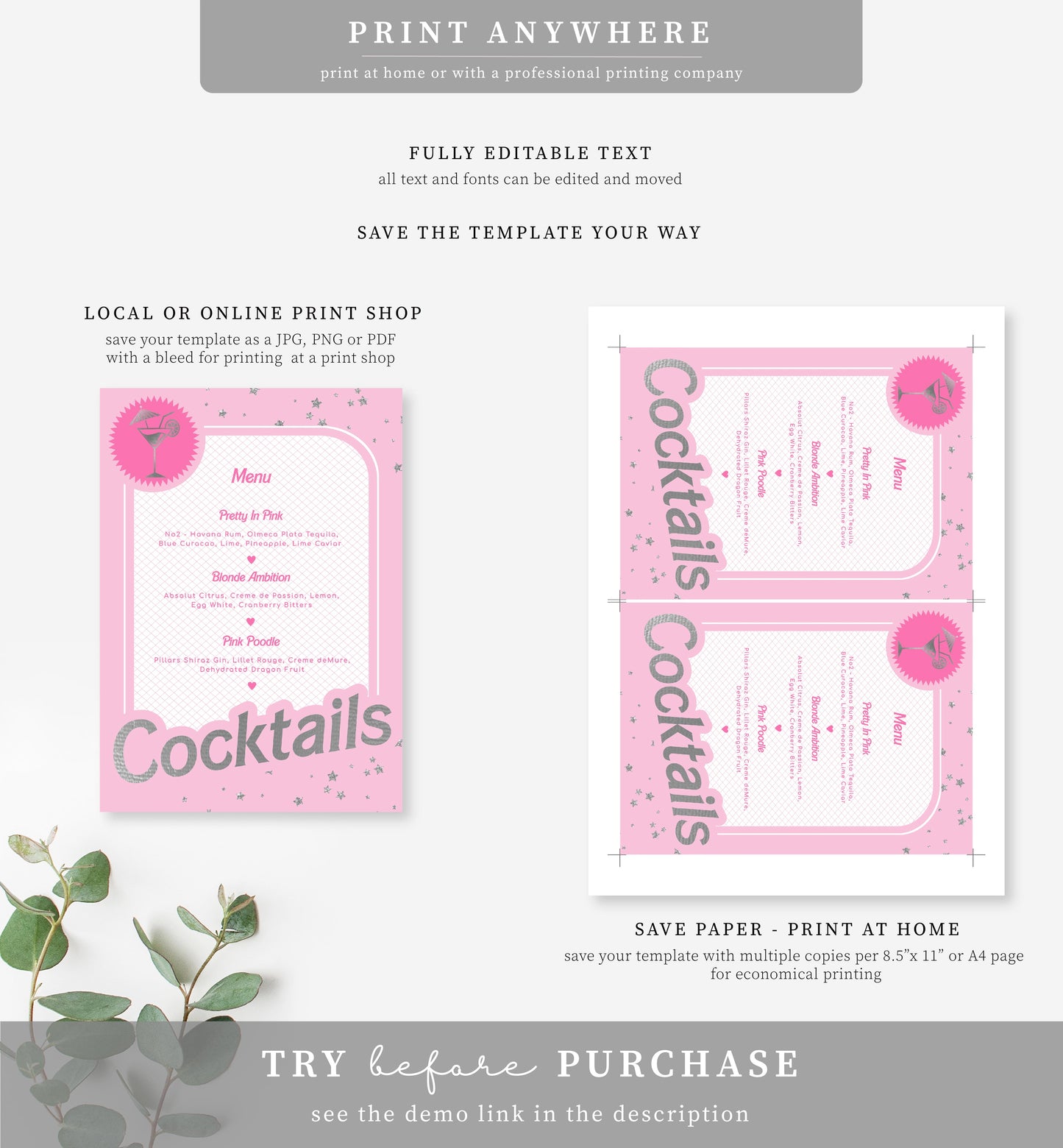 Barbie Party Pink Silver | Printable Cocktails Menu Sign Template