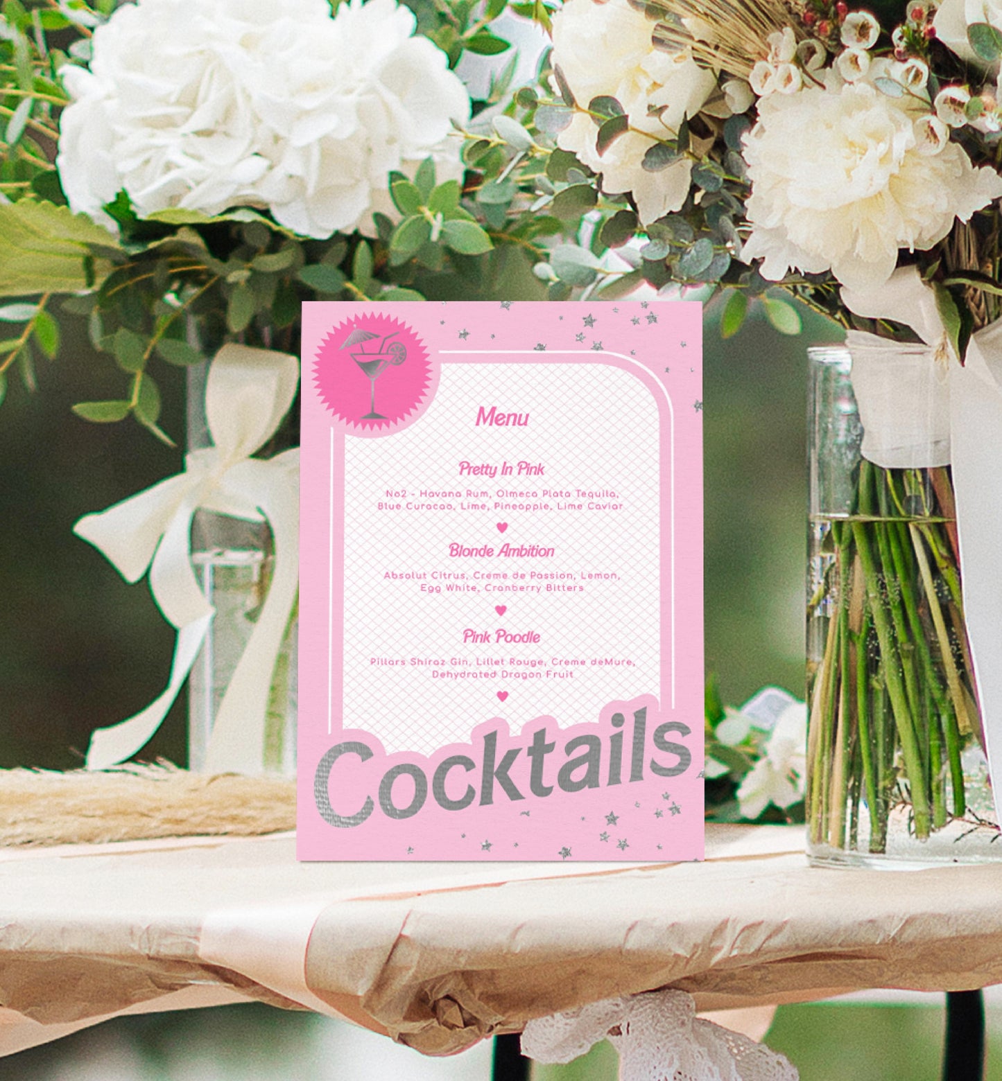 Barbie Party Pink Silver | Printable Cocktails Menu Sign Template