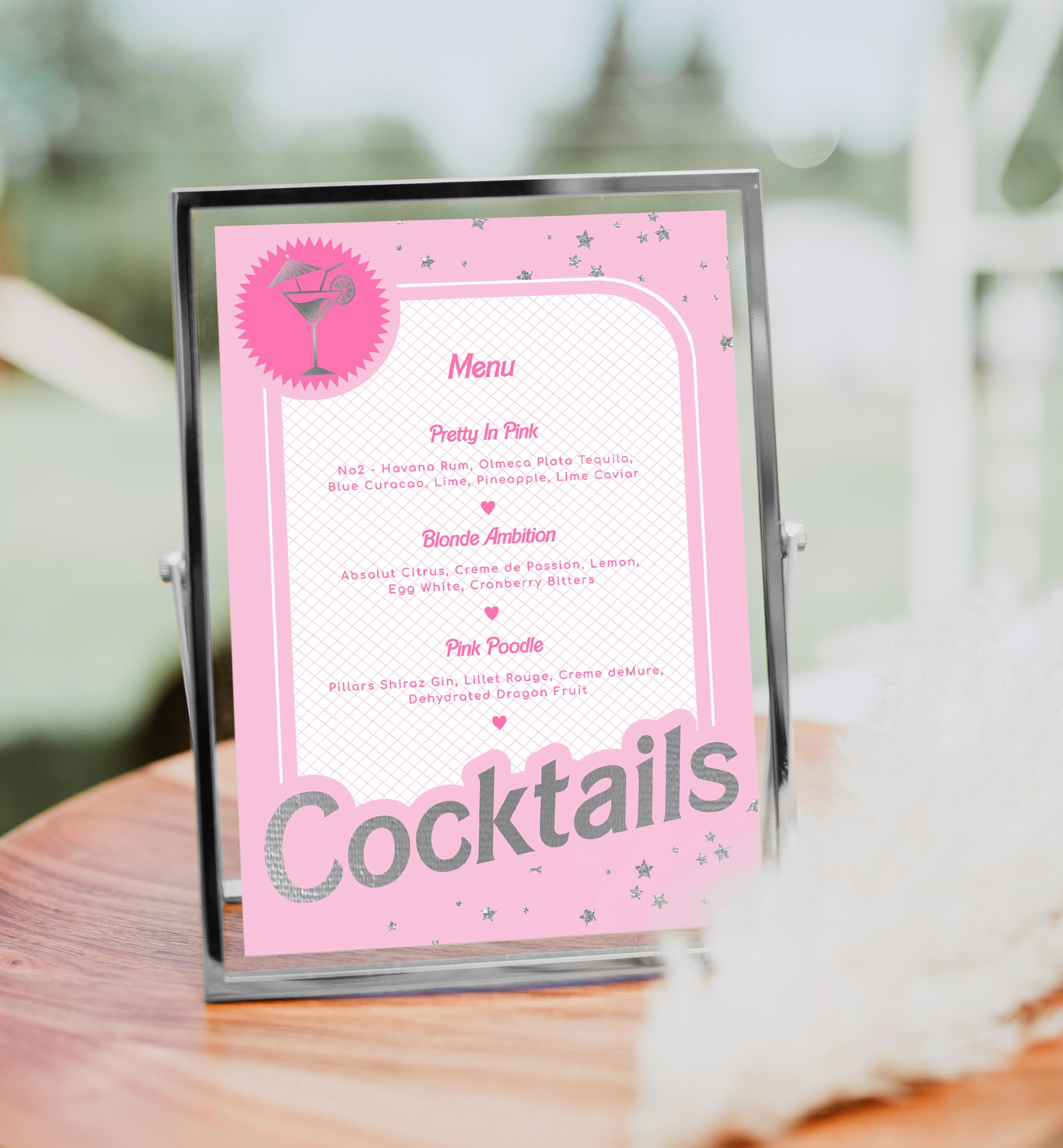 pink & beige catering logo | light pink barbie logo,... Barbie Party Pink Silver | Printable Cocktails Menu Sign Template ...