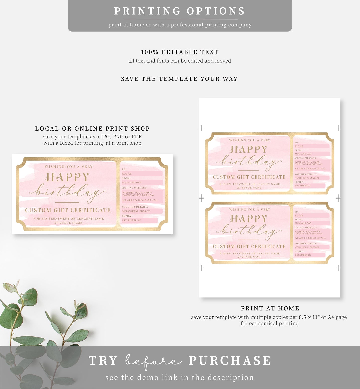 Watercolour Pink | Printable Custom Gift Voucher Template