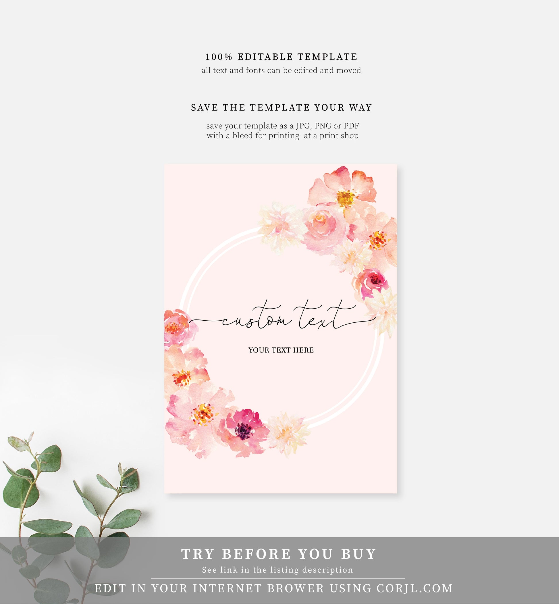 Abbieville Floral Pink | Printable Custom Text Sign Template - Black Bow Studio