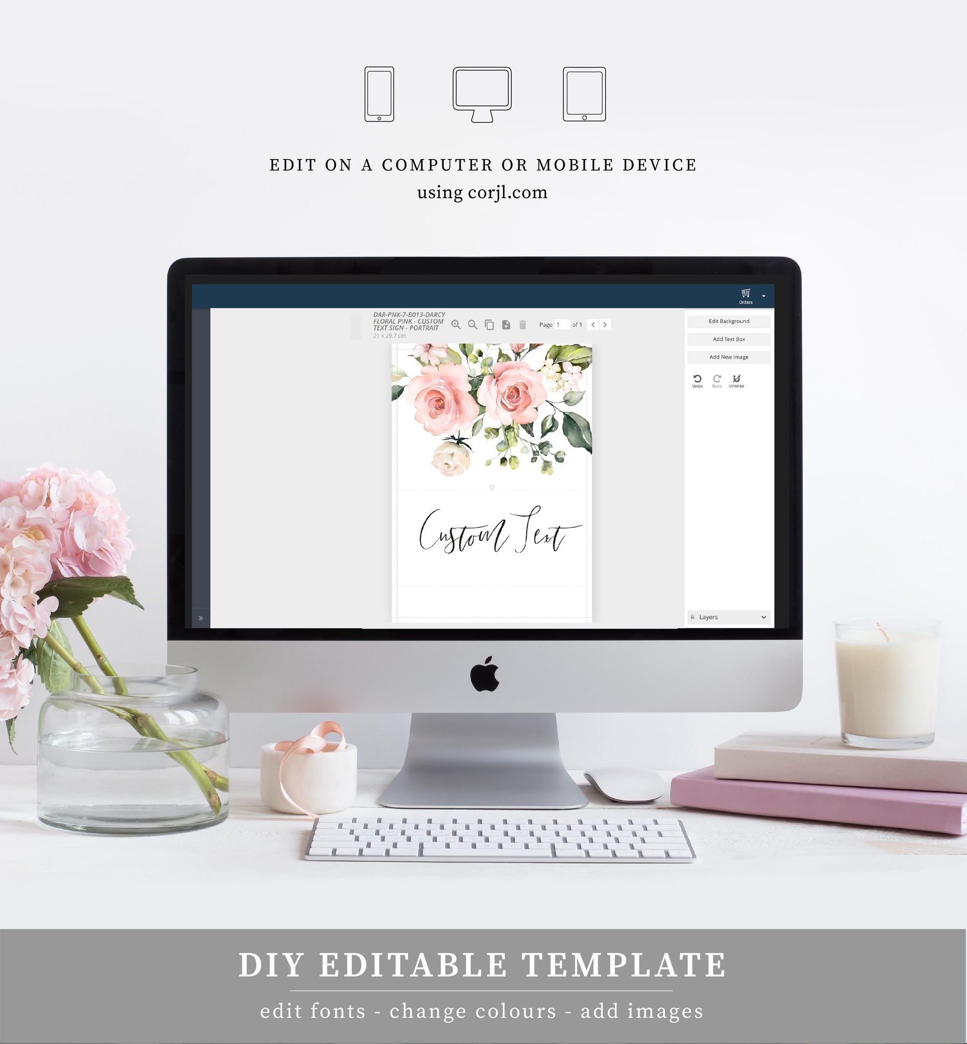 Darcy Floral Pink | Printable Custom Text Sign Template - Black Bow Studio