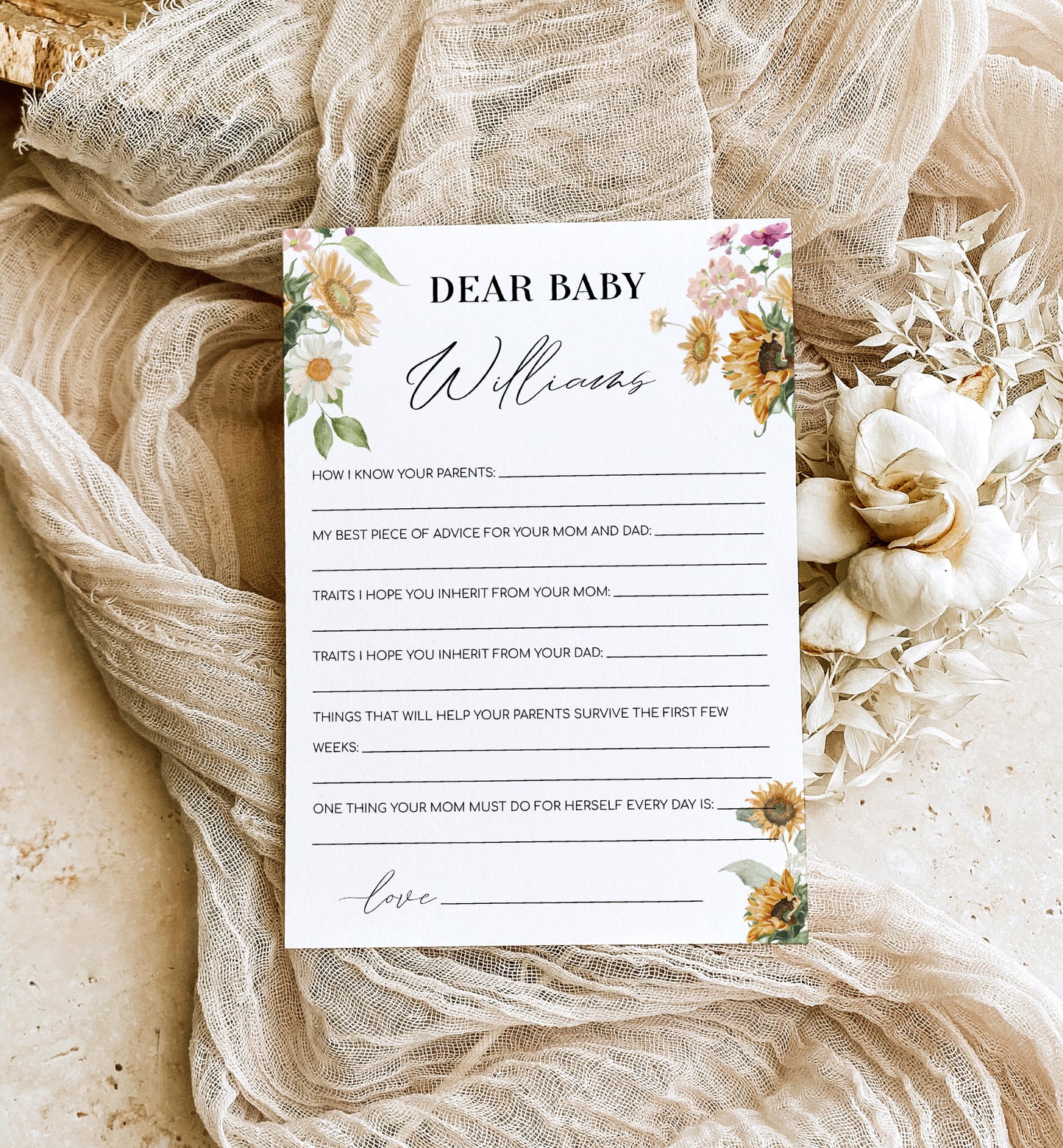 Mews Floral White | Printable Dear Baby Shower Game Template