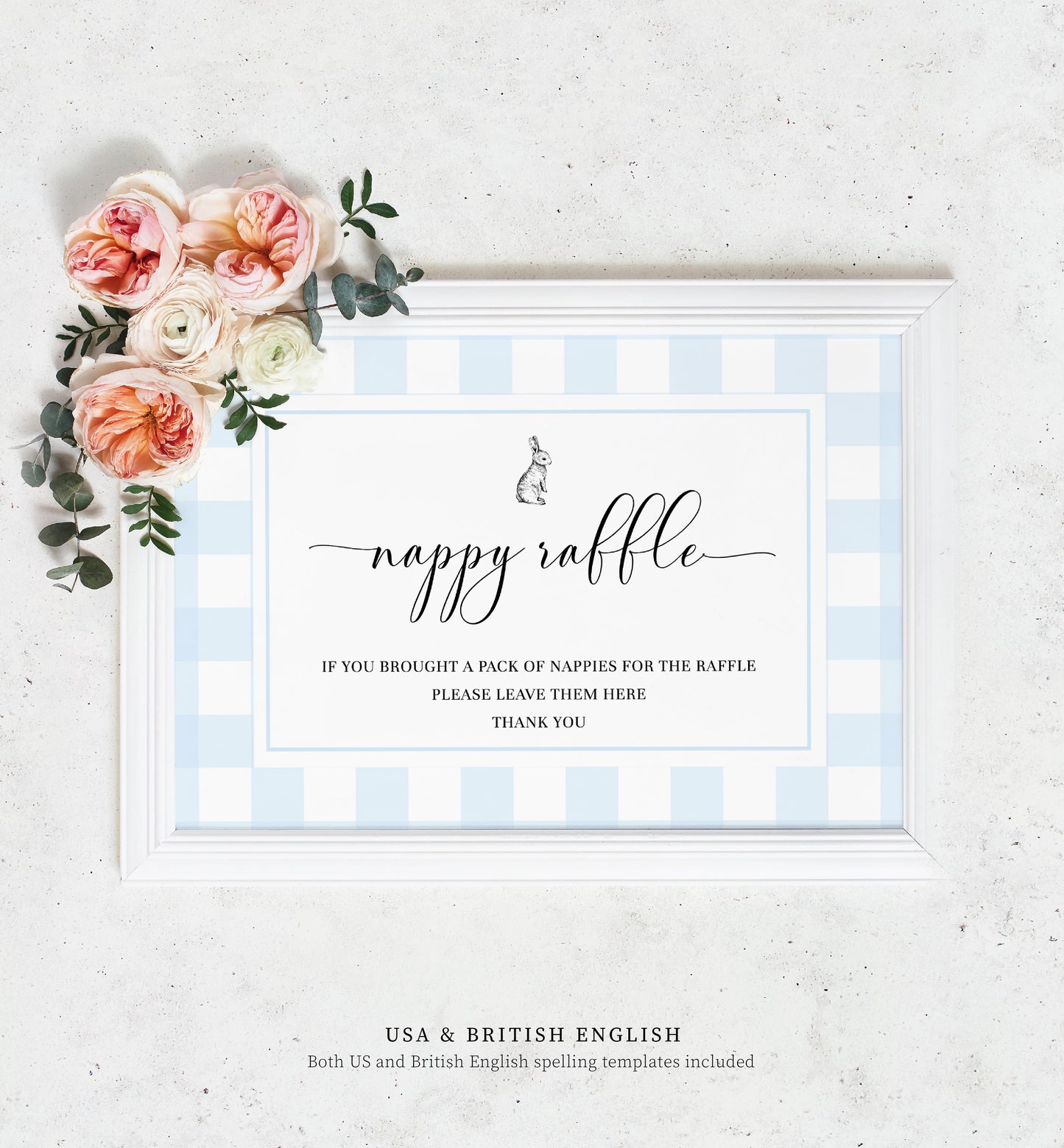 Gingham Blue Bunny | Printable Diaper Raffle Sign & Ticket Template