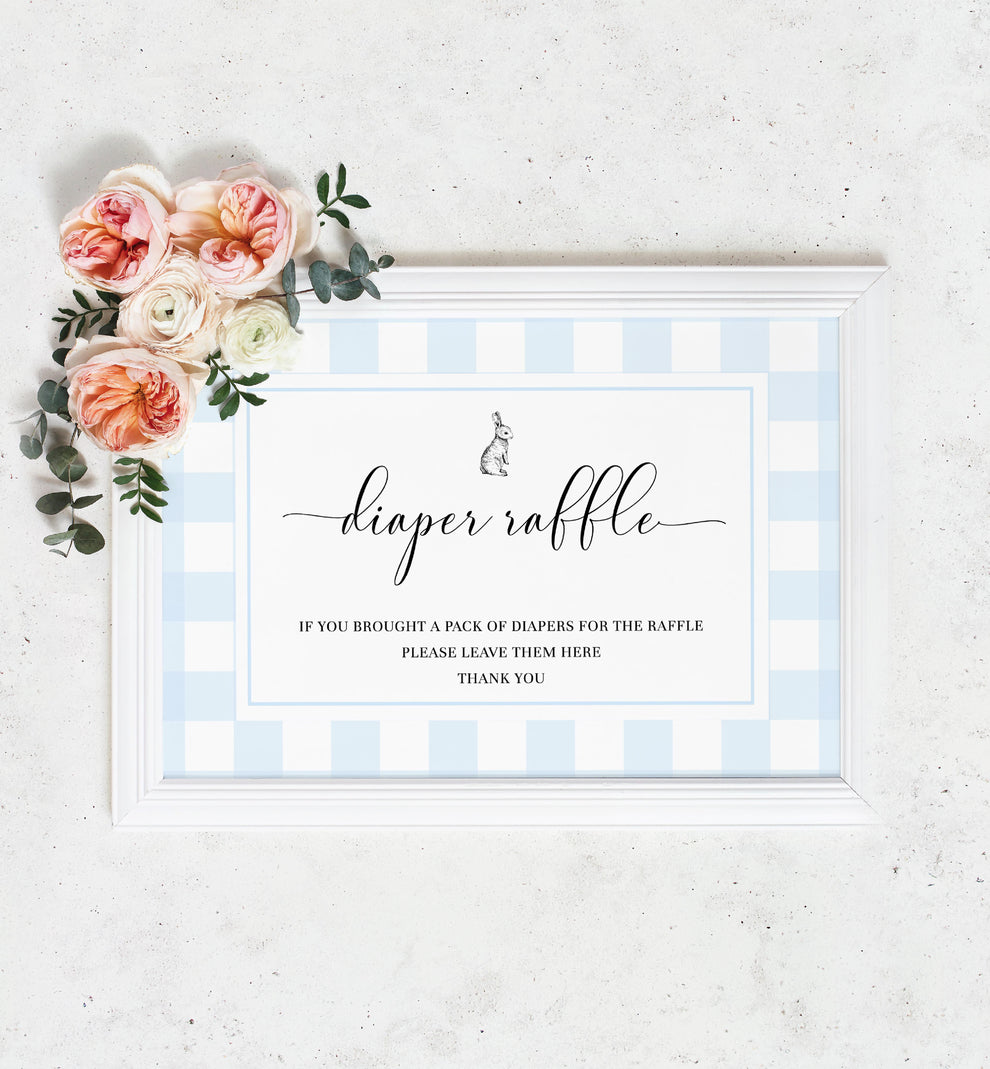Gingham Blue Bunny | Printable Diaper Raffle Sign & Ticket Template ...