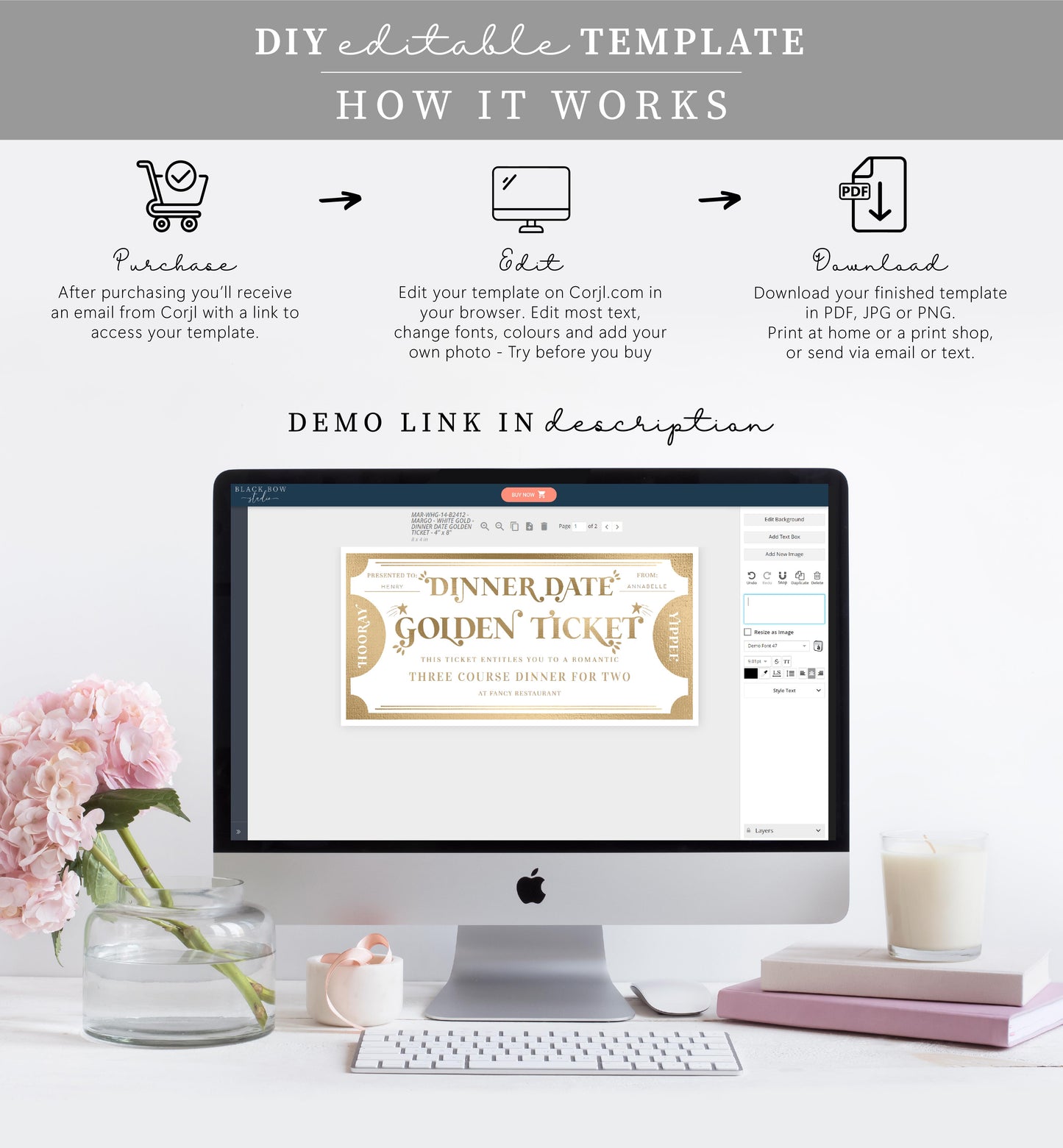 Golden Ticket Gold | Printable Dinner Date Custom Gift Voucher Template